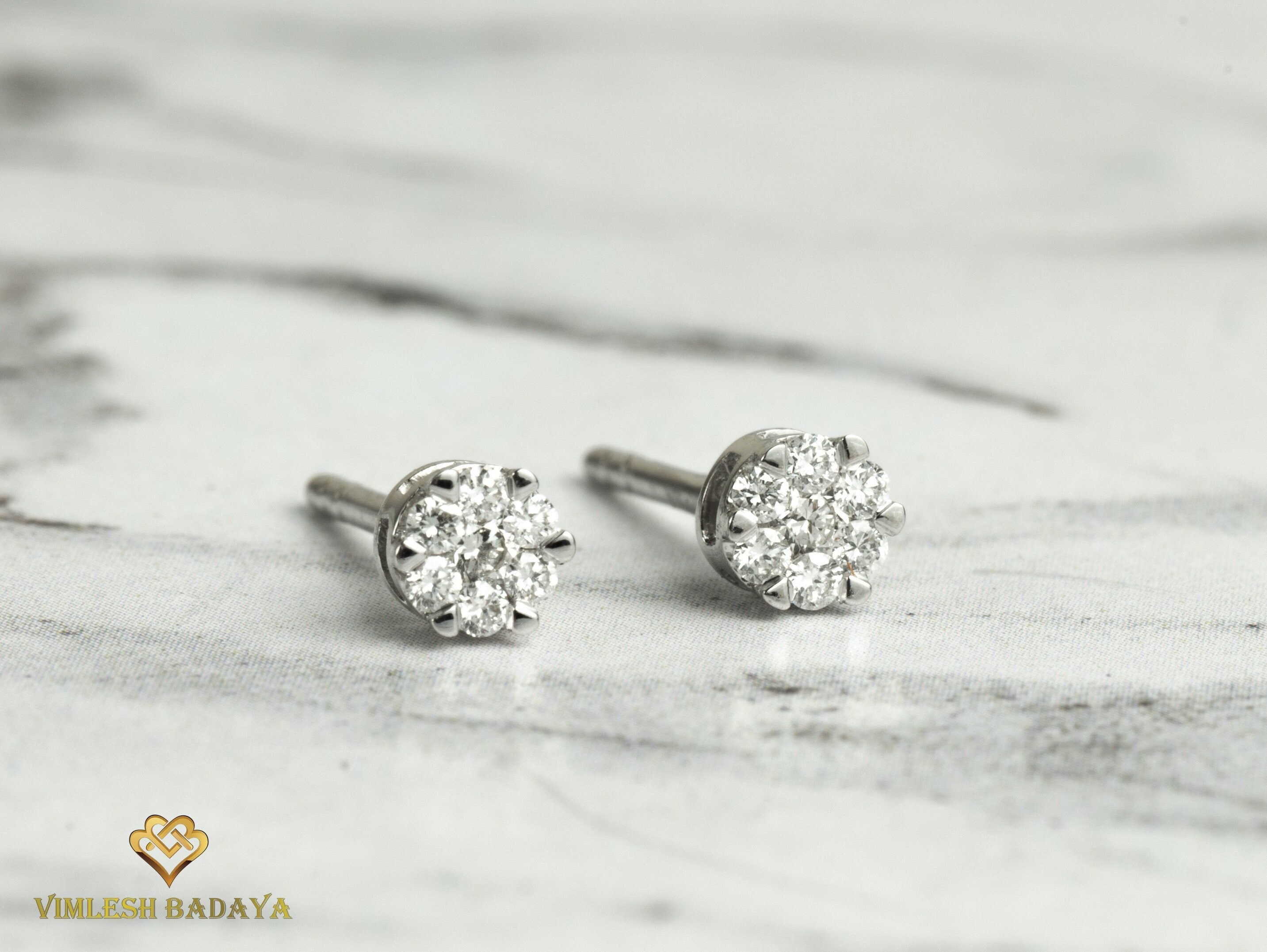 Solid Gold Invisible Set Tiny Diamond Stud Earrings | Round Diamond Earrings | Anniversary Gift -