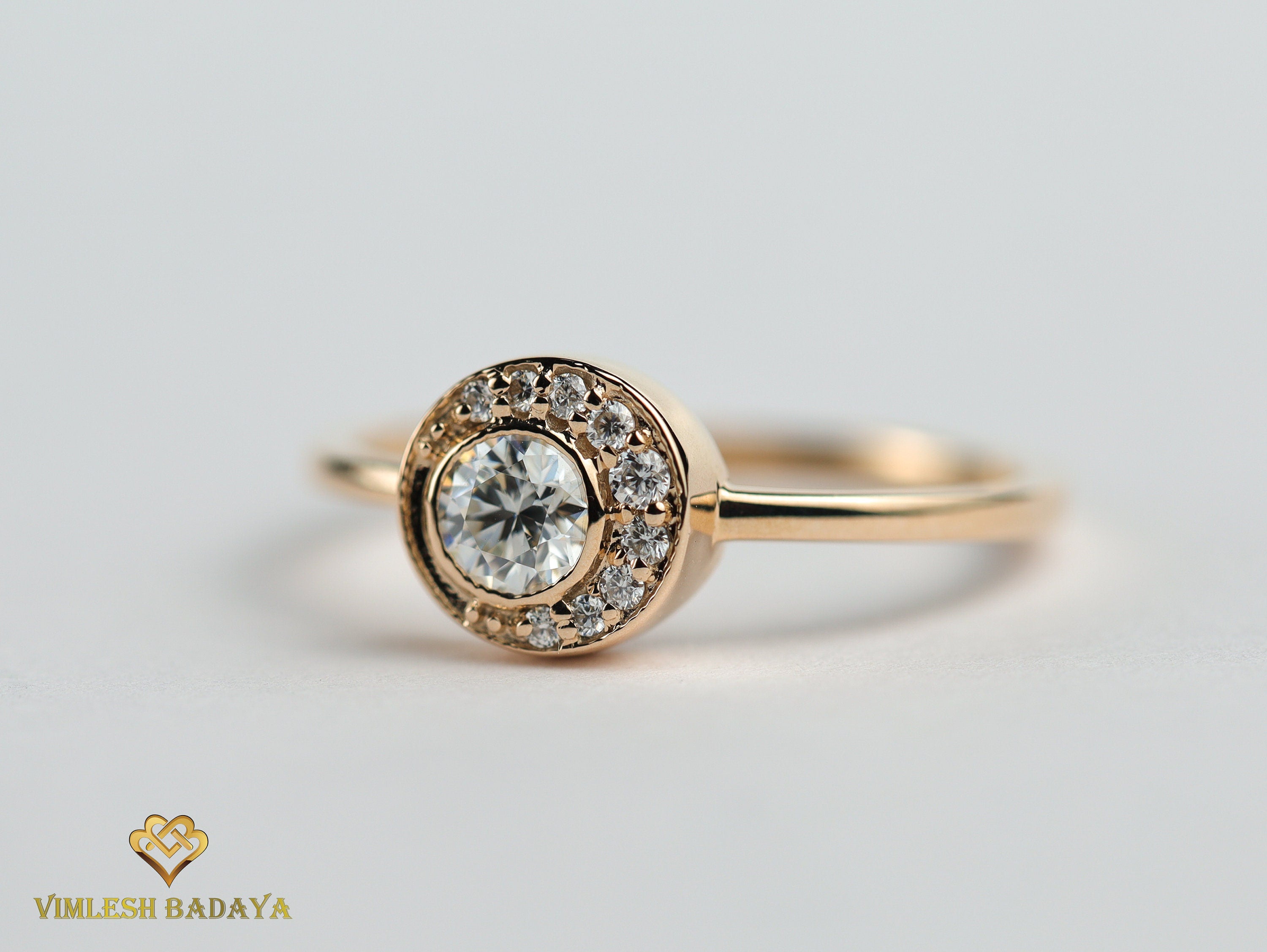 GIA Diamond Half Moon Engagement Ring | Certified Halo Diamond Ring | Promise Ring -