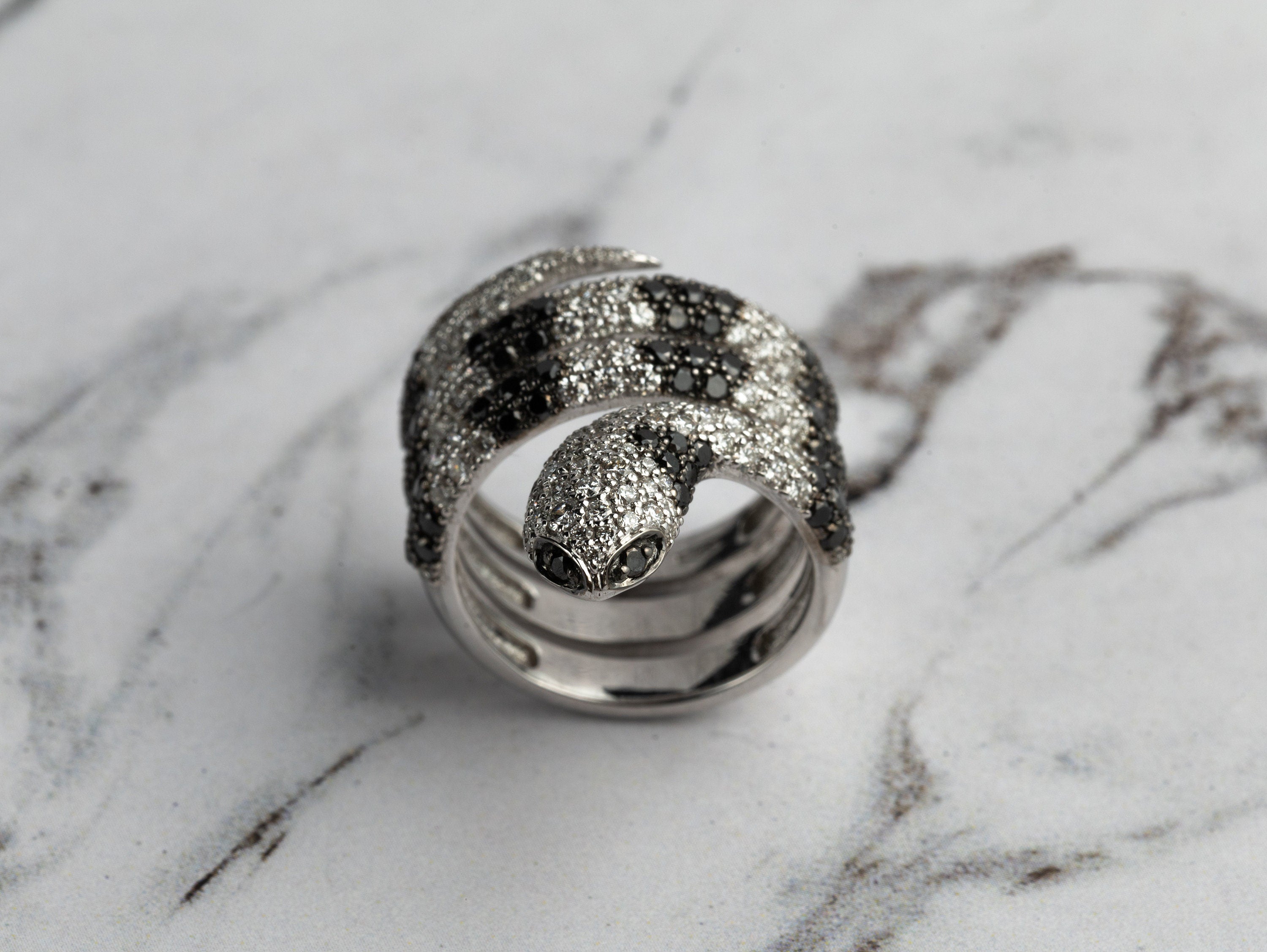Diamond Pave Snake Ring | Solid Gold Unique Cocktail Ring | Black & White Diamonds -