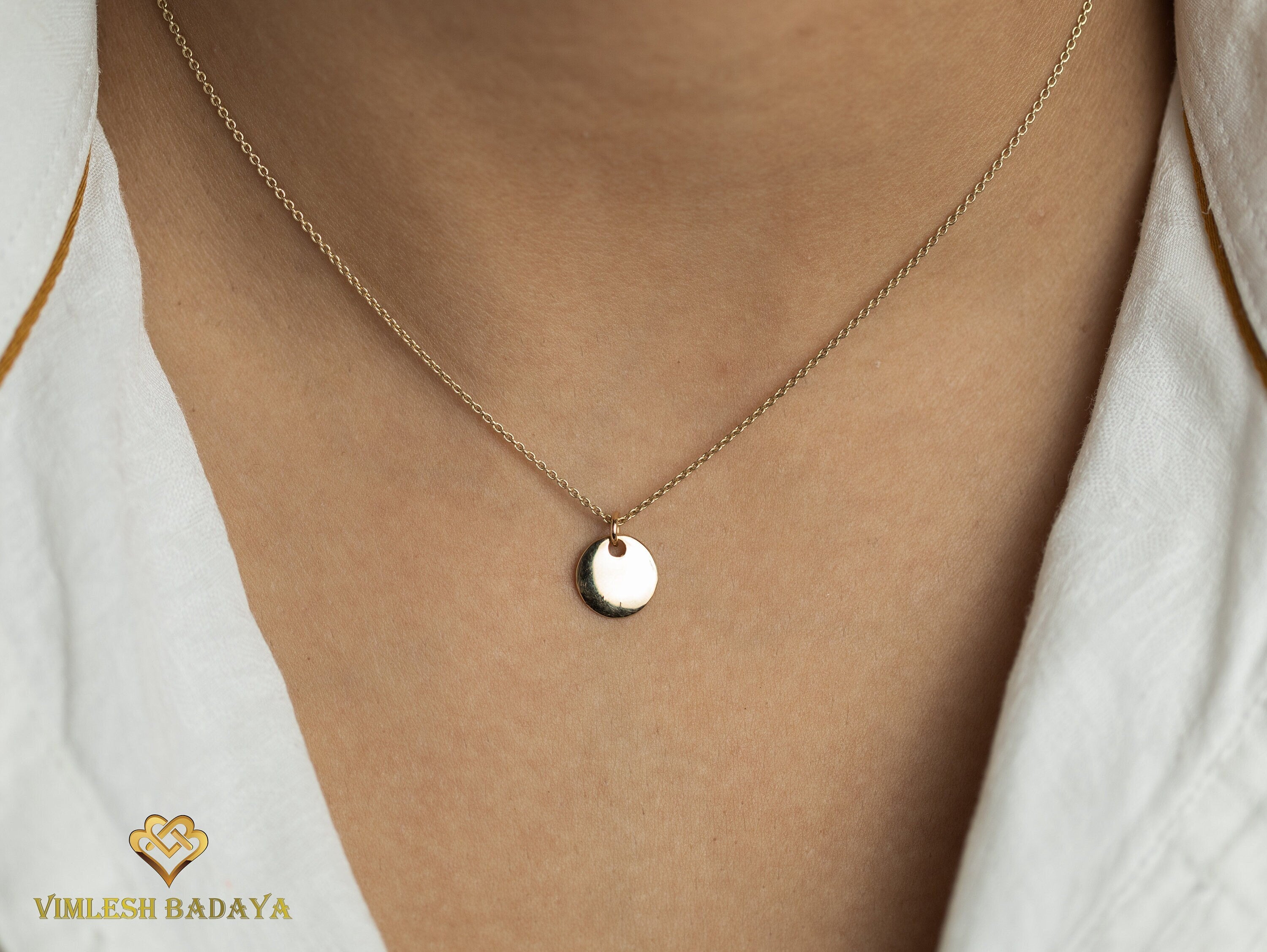 Coin Necklace | Solid Gold Disk Initial Necklace | Personalized Monogram Necklace | Circle Pendant for Her -