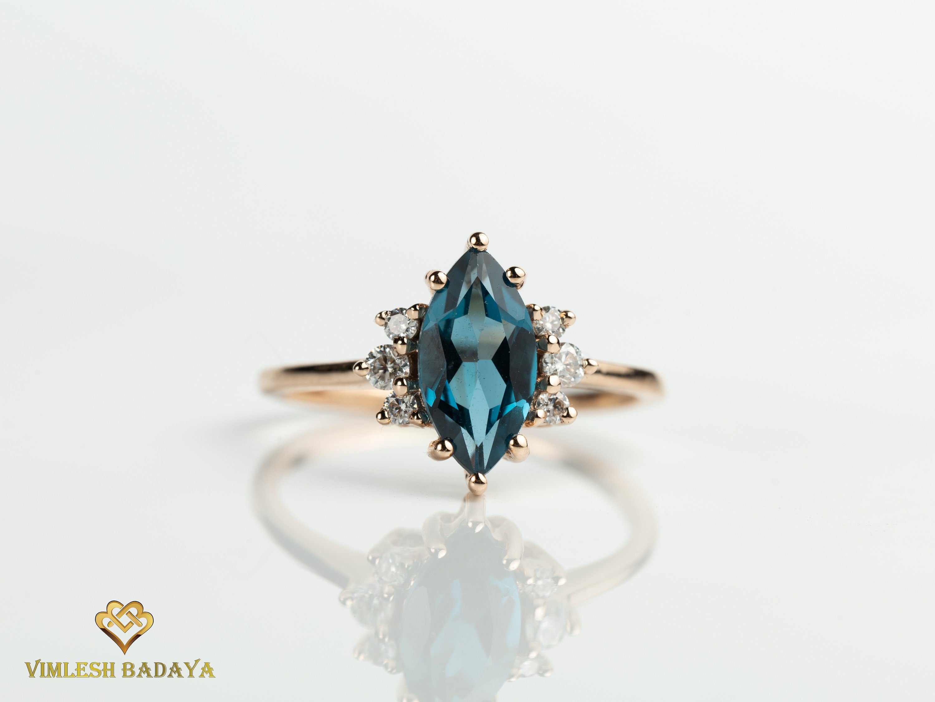 London Blue Topaz & Diamond Marquise Engagement Ring | December Birthstone -