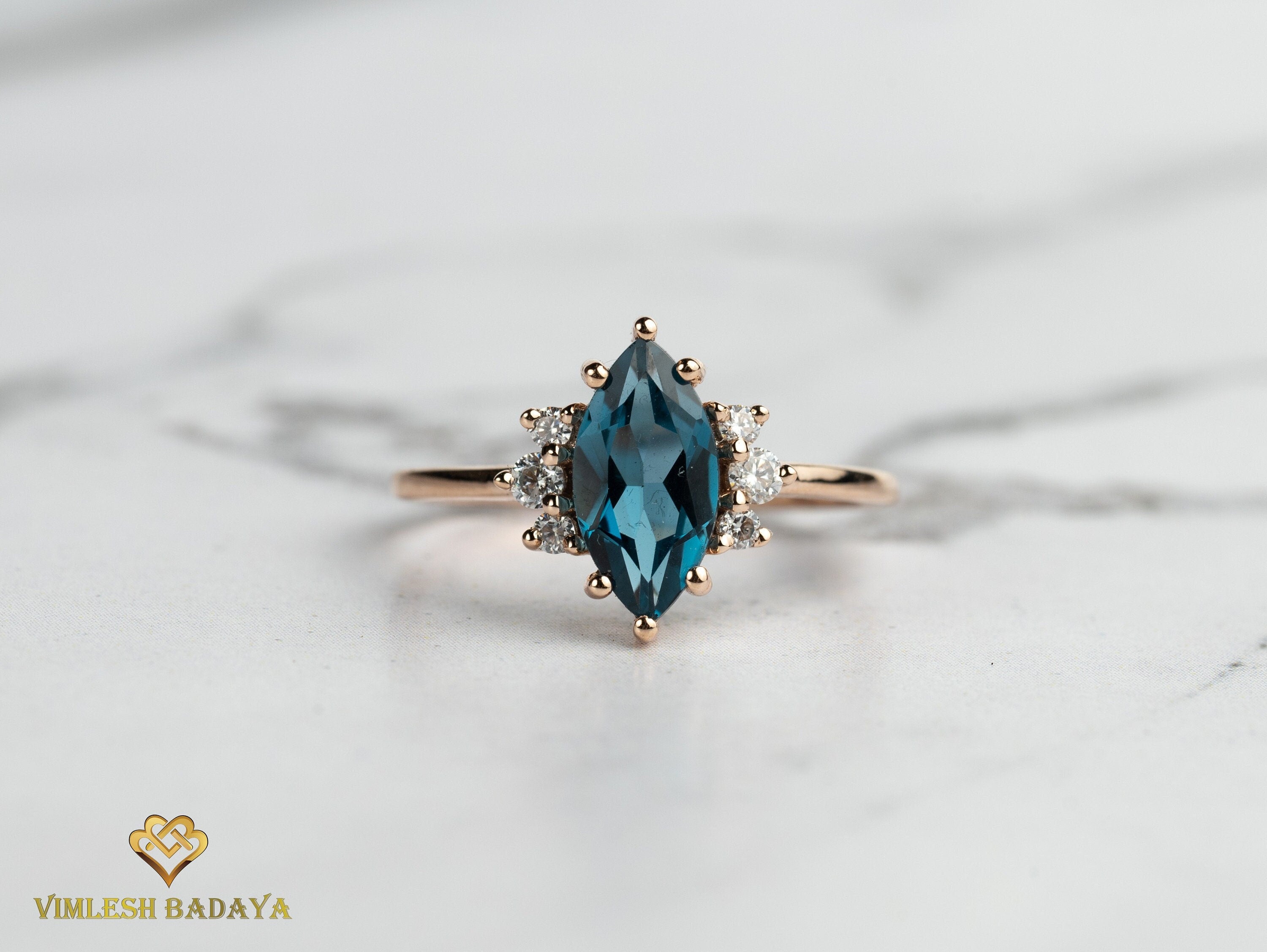 London Blue Topaz & Diamond Marquise Engagement Ring | December Birthstone -