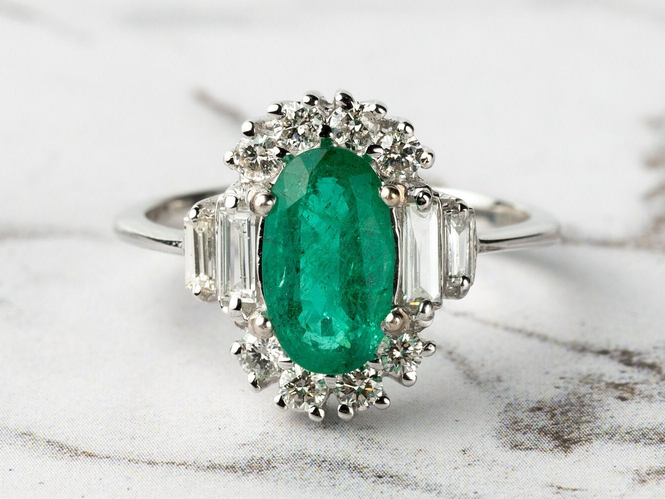 2.5 Carat Emerald & Diamond Engagement Ring | Art Deco Oval Cut Emerald Ring -