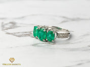 Three Stone Art Deco Certified Emerald Diamond Engagement Ring | Green Emerald Vintage Ring -