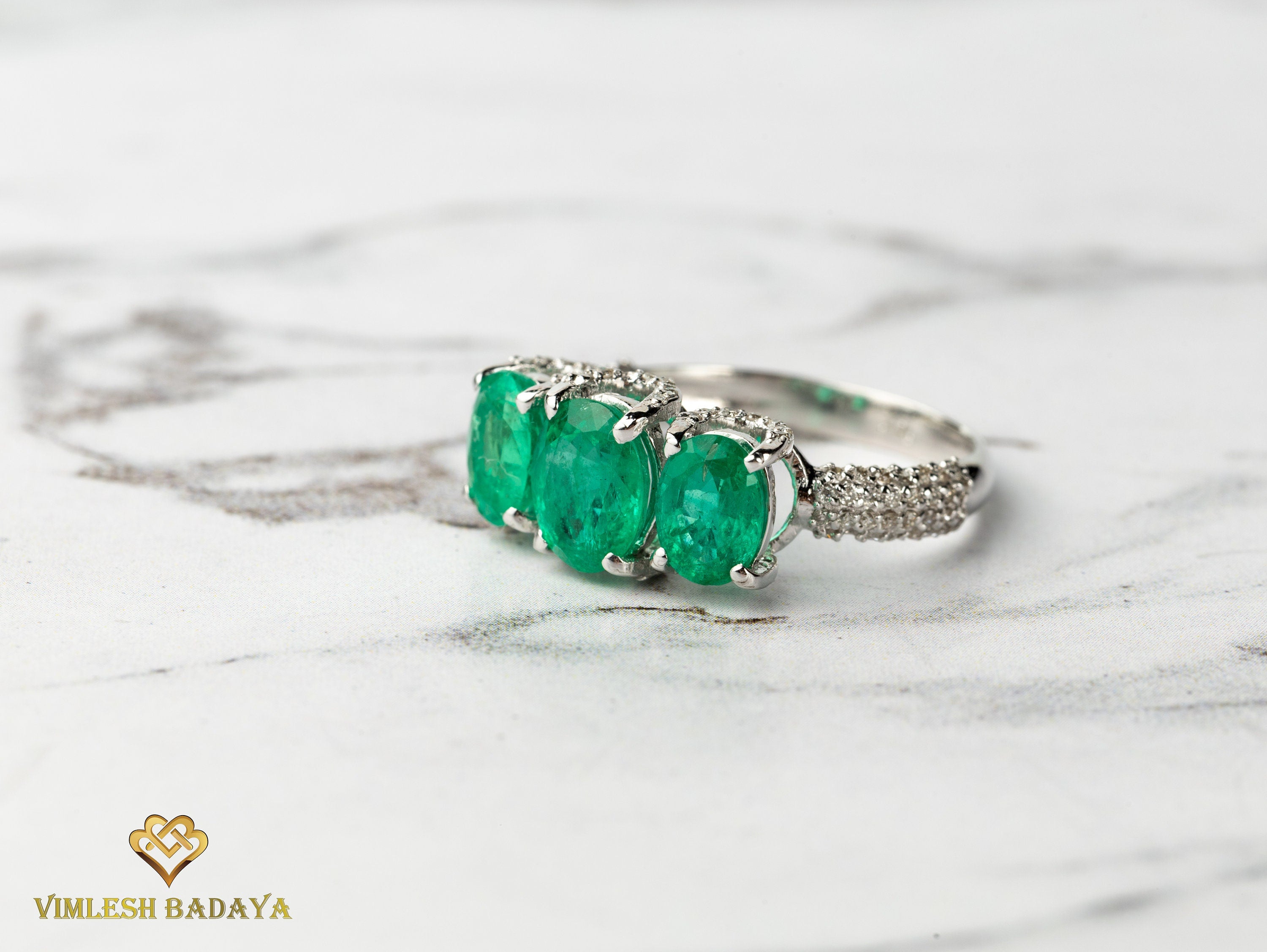 Three Stone Art Deco Certified Emerald Diamond Engagement Ring | Green Emerald Vintage Ring -