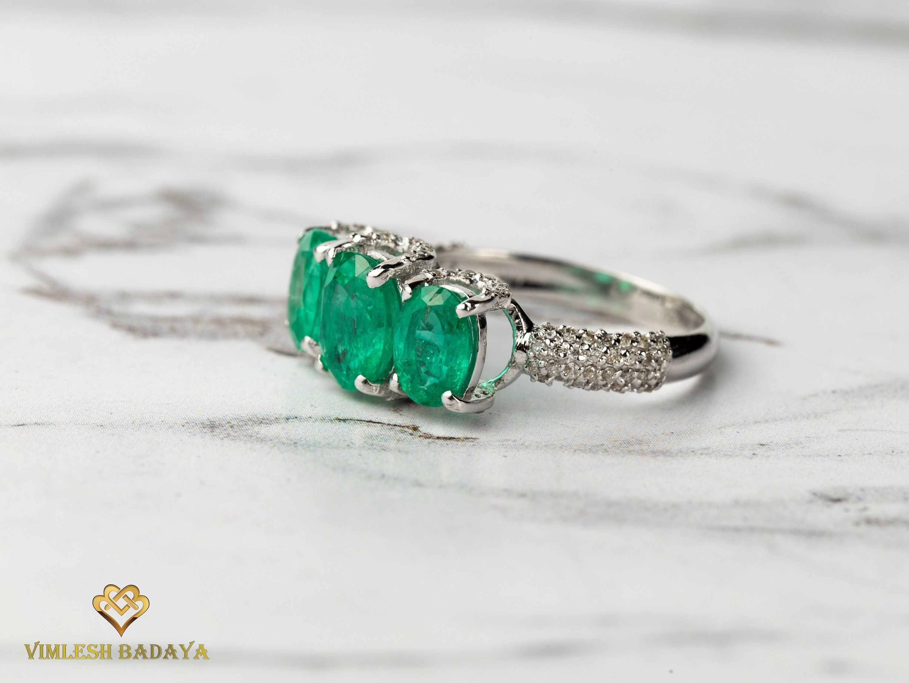 Three Stone Art Deco Certified Emerald Diamond Engagement Ring | Green Emerald Vintage Ring -