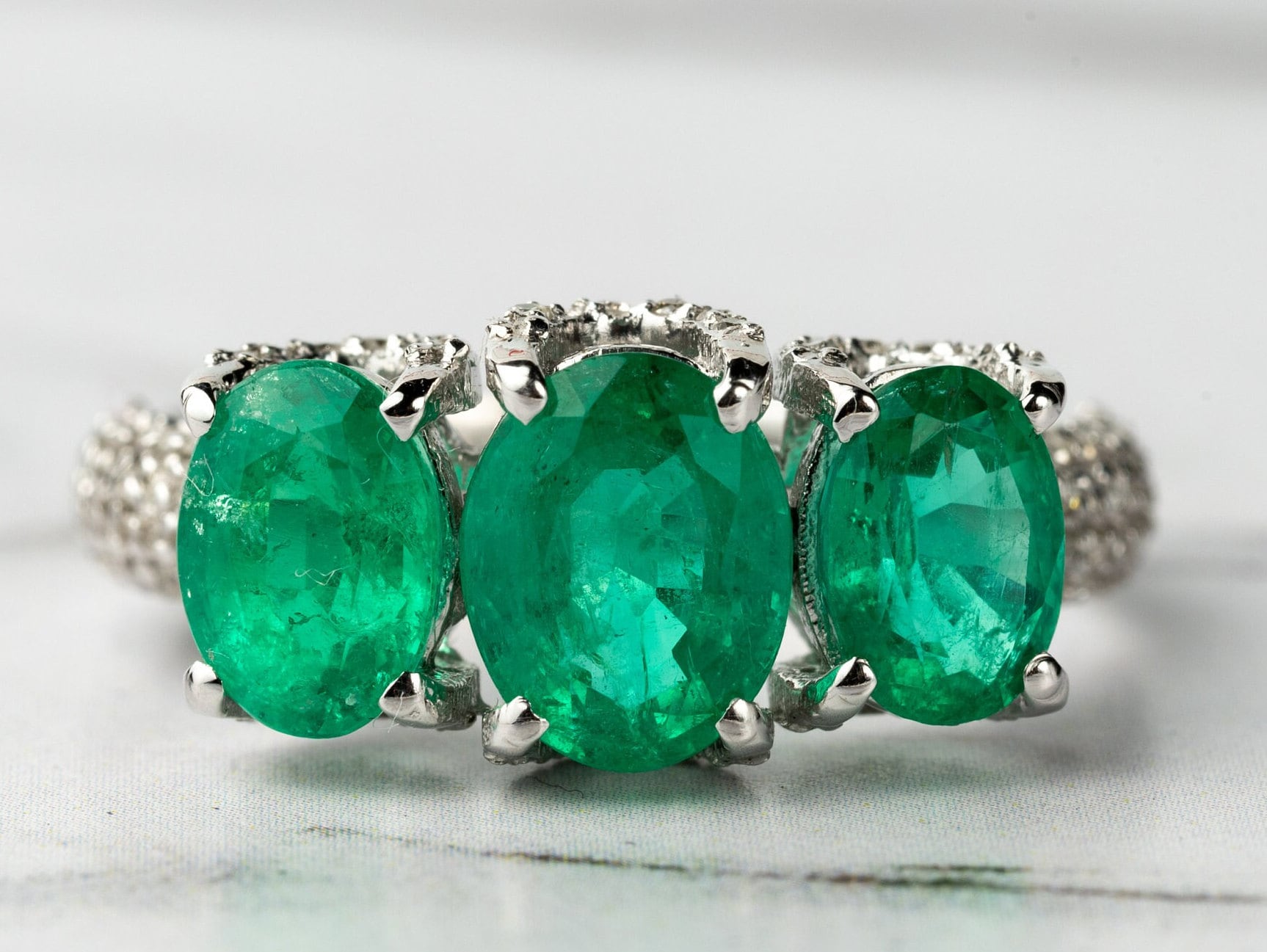Three Stone Art Deco Certified Emerald Diamond Engagement Ring | Green Emerald Vintage Ring -