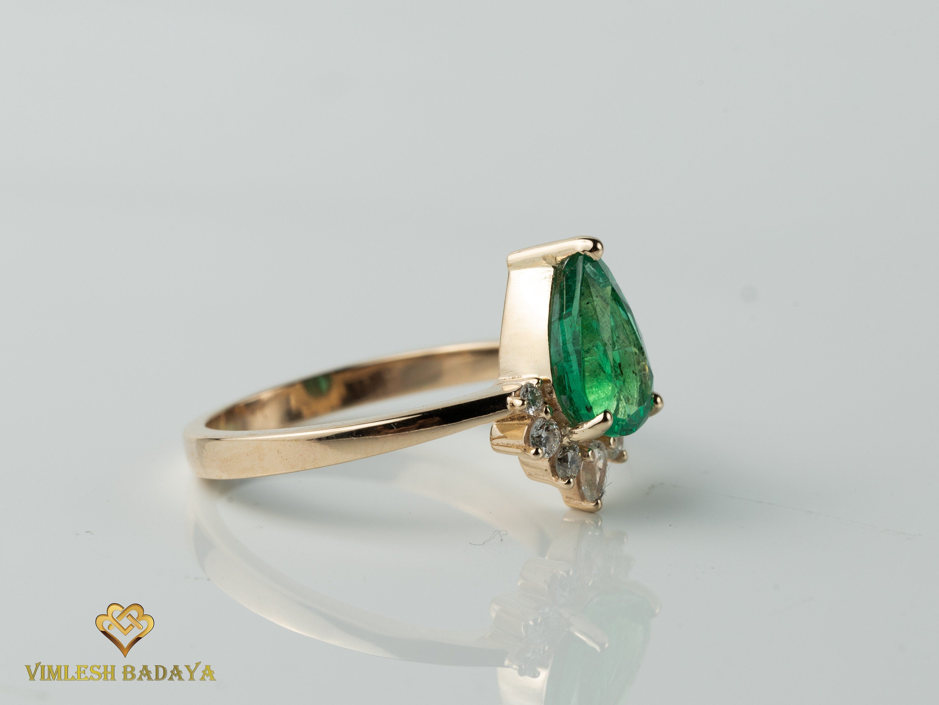 Natural Emerald Diamond Engagement Ring | Certified 1.5 Carat Pear Cut Emerald Ring -