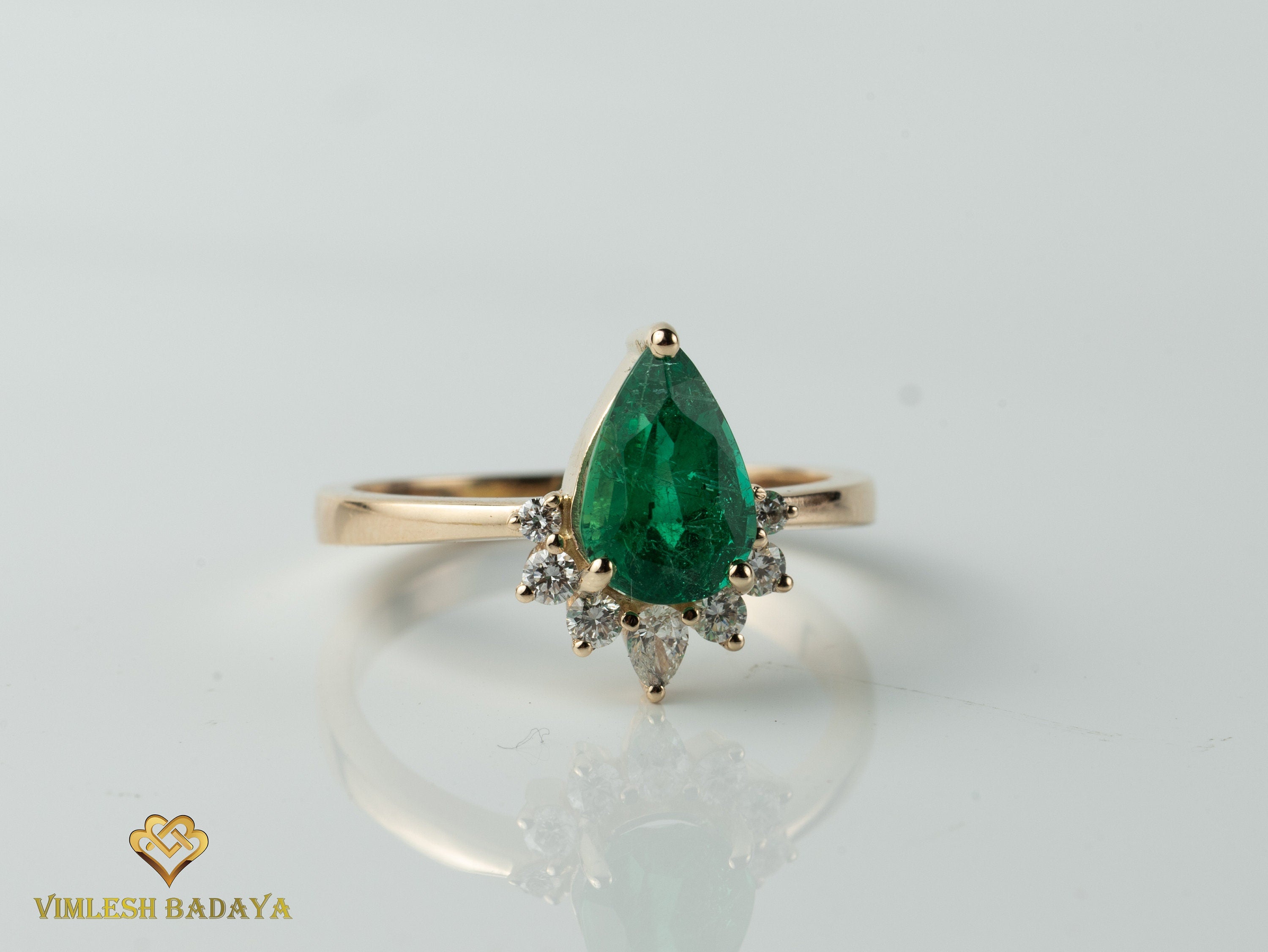 Natural Emerald Diamond Engagement Ring | Certified 1.5 Carat Pear Cut Emerald Ring -