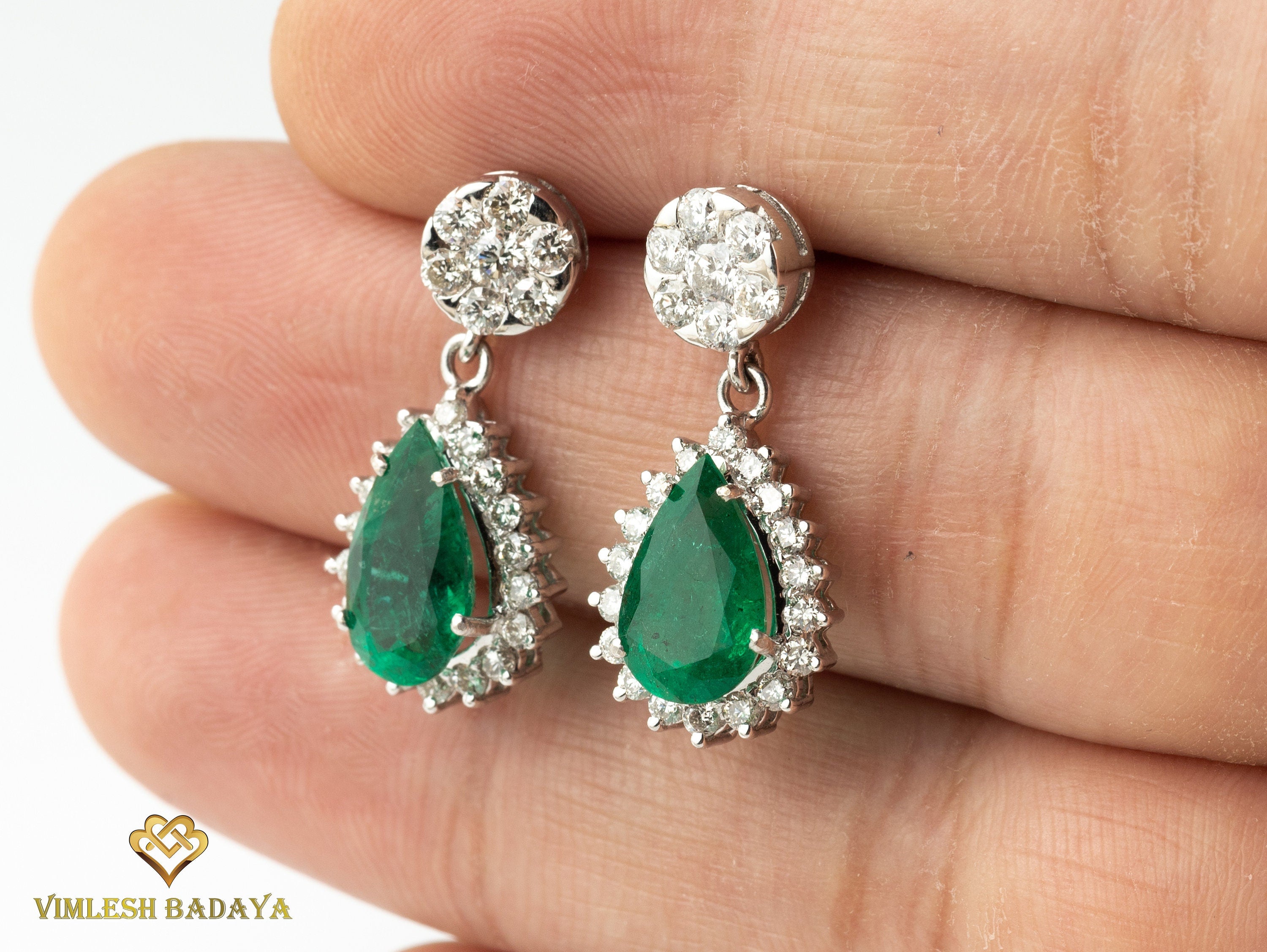 4 Carat Emerald & Diamond Drop Earrings | Pear Teardrop Emerald Earrings | May Birthstone Earrings -