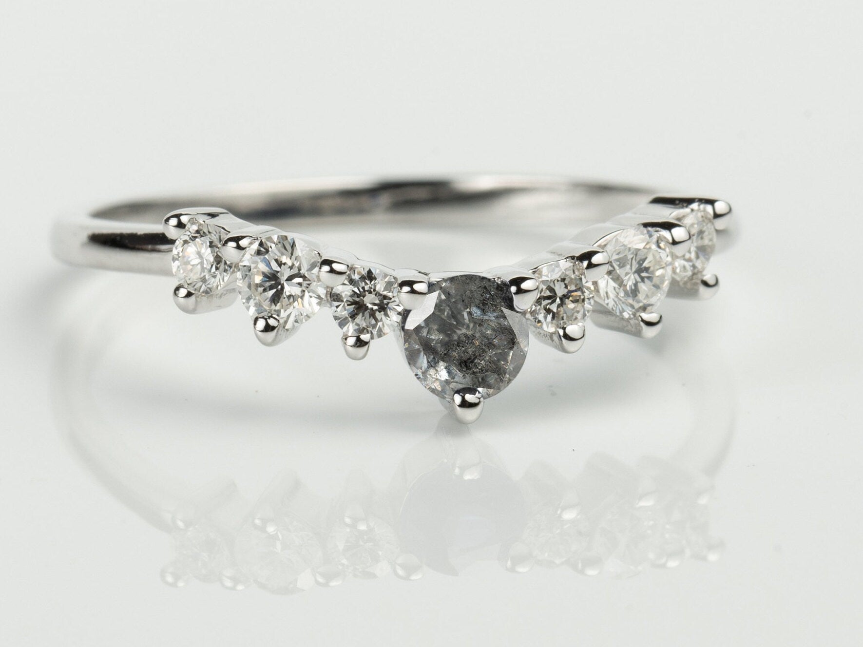 Curved Gray Diamond Wedding Band | Salt & Pepper Diamond | Stackable Wedding Ring -
