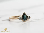 Teal Sapphire & Gray Diamond Engagement Ring | Pear Cut Teal Sapphire Ring with Salt Pepper Diamond -
