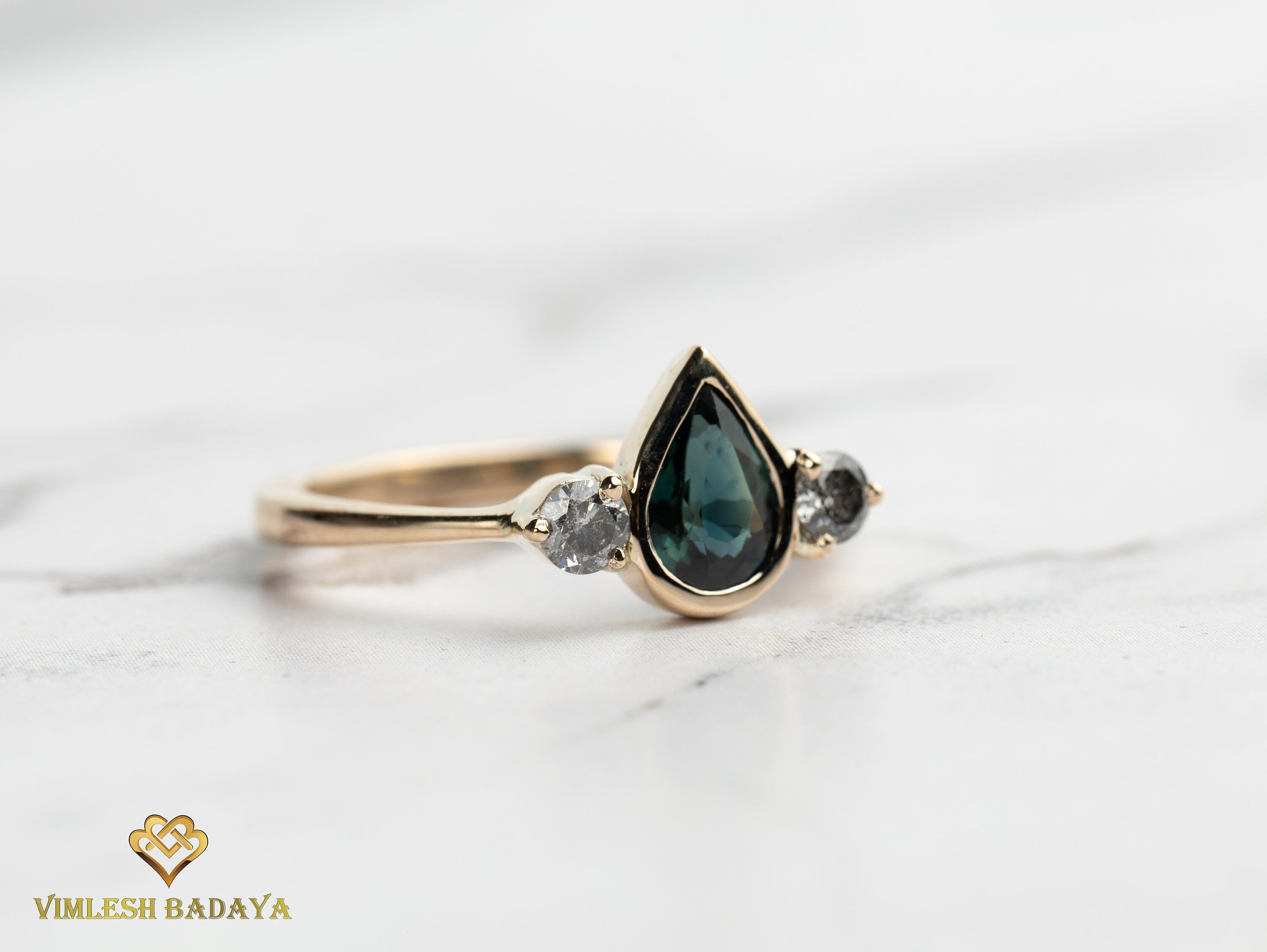 Teal Sapphire & Gray Diamond Engagement Ring | Pear Cut Teal Sapphire Ring with Salt Pepper Diamond -