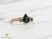 Teal Sapphire & Gray Diamond Engagement Ring | Pear Cut Teal Sapphire Ring with Salt Pepper Diamond -