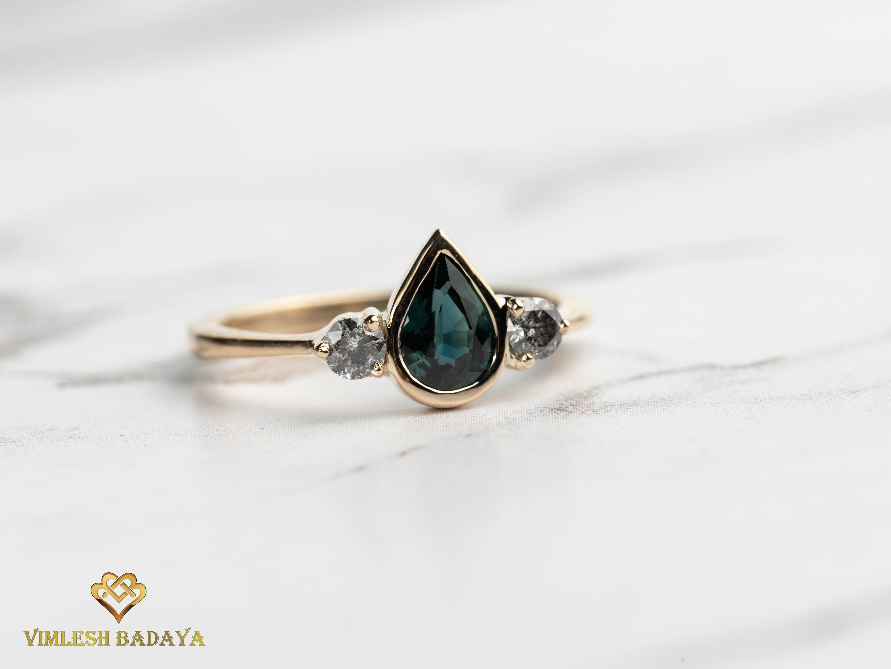 Teal Sapphire & Gray Diamond Engagement Ring | Pear Cut Teal Sapphire Ring with Salt Pepper Diamond -
