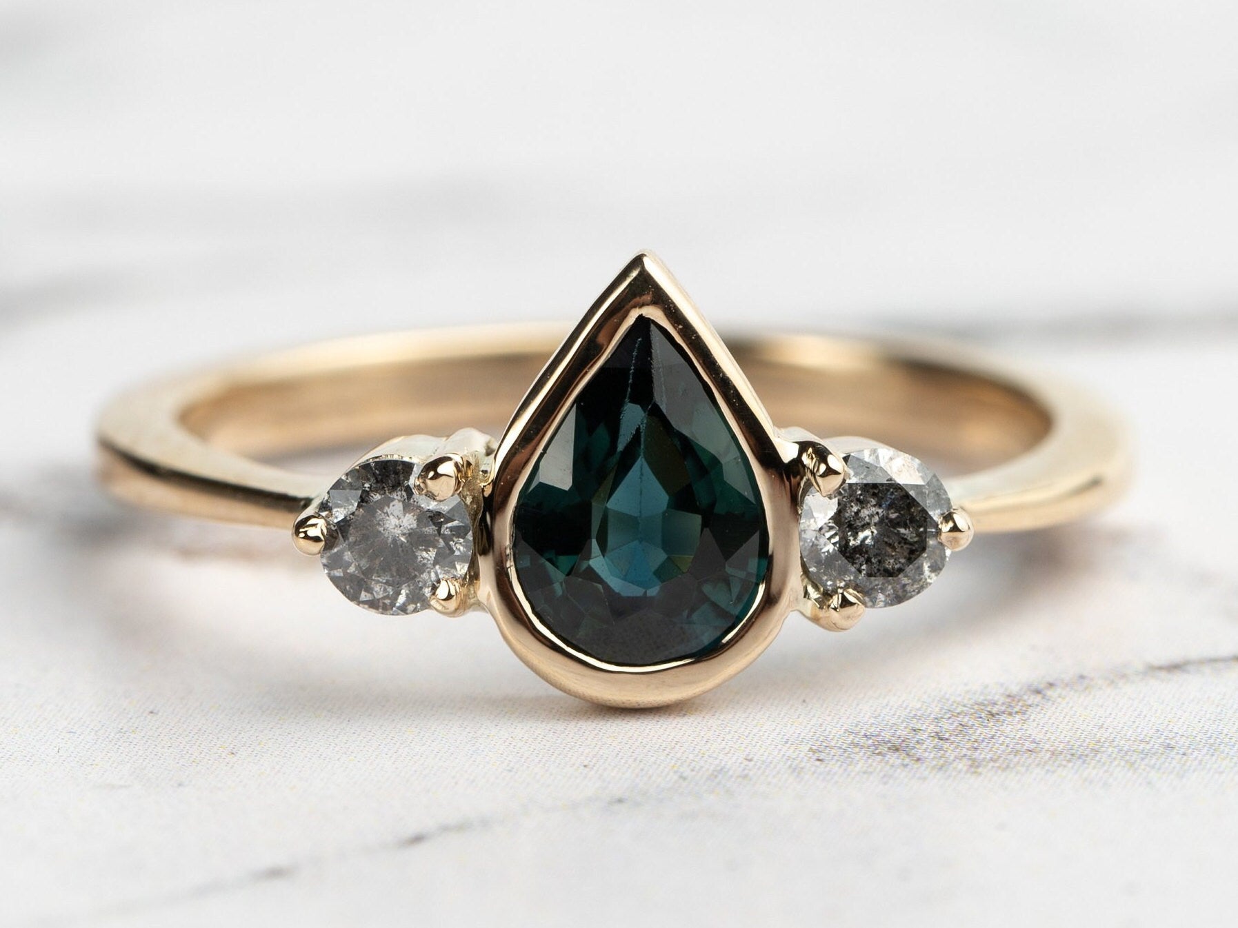 Teal Sapphire & Gray Diamond Engagement Ring | Pear Cut Teal Sapphire Ring with Salt Pepper Diamond -