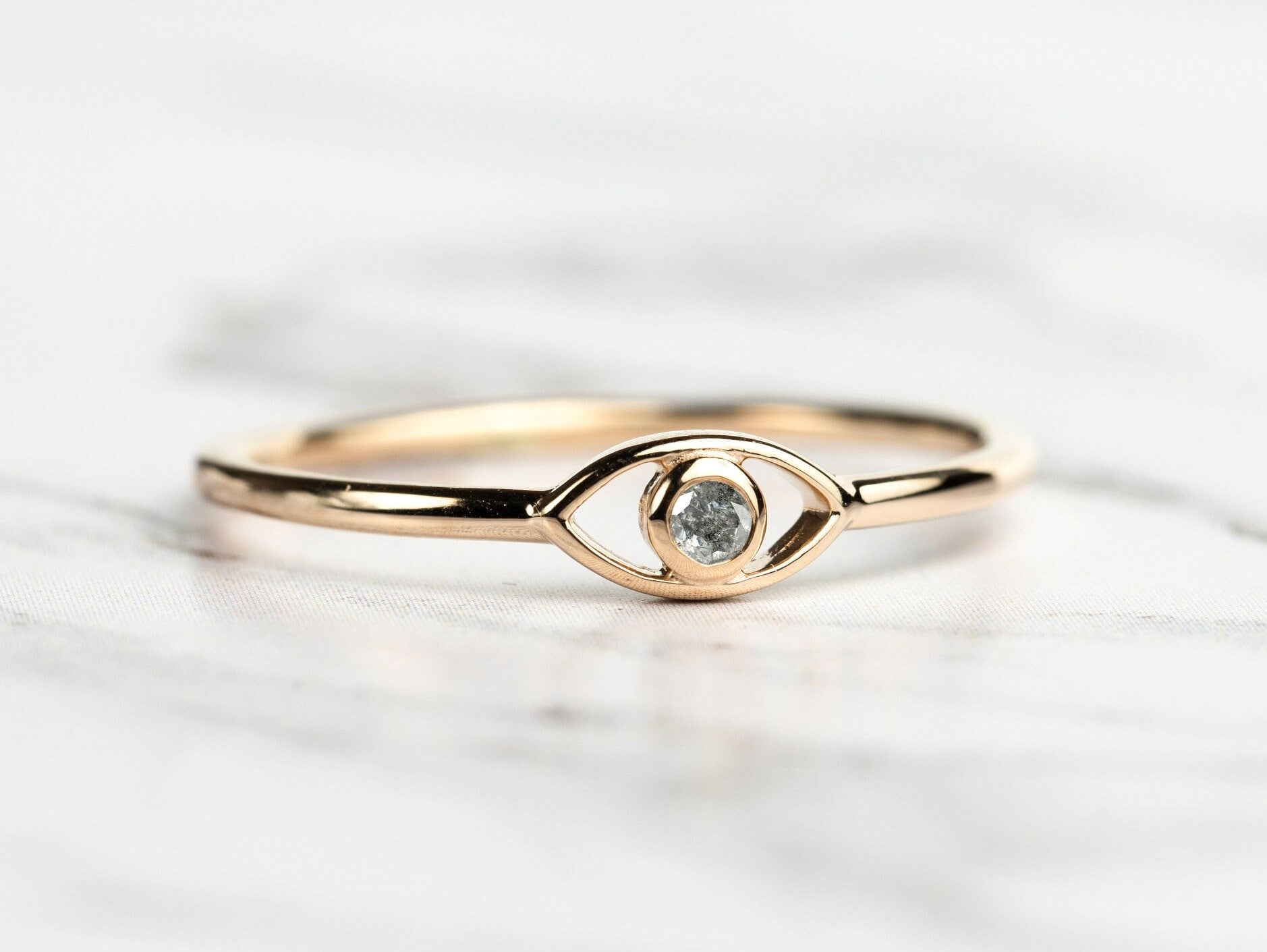 Solid Gold Gray Diamond Evil Eye Ring | Salt Pepper Diamond | Gold Evil Eye Good Luck Ring -