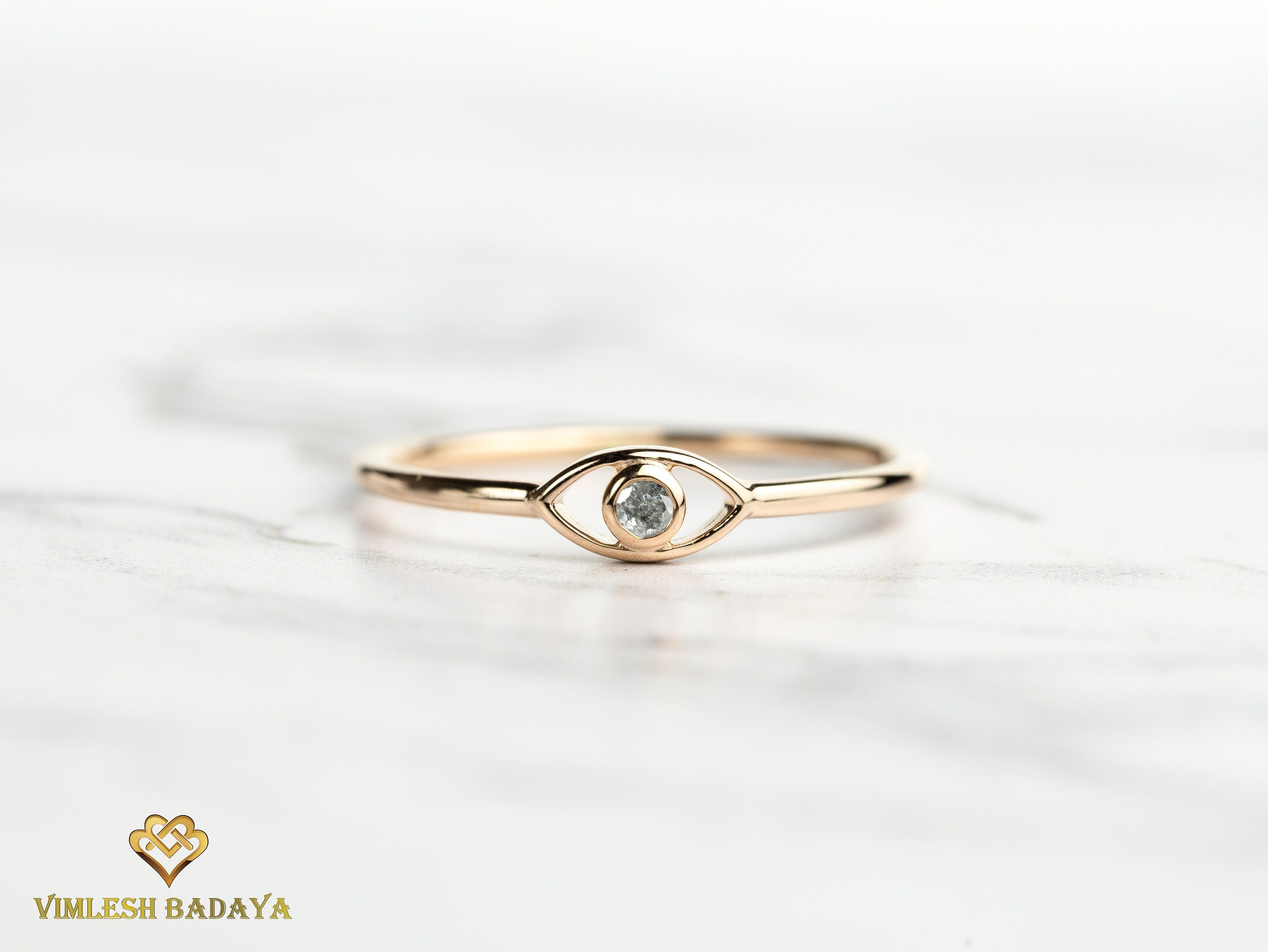 Solid Gold Gray Diamond Evil Eye Ring | Salt Pepper Diamond | Gold Evil Eye Good Luck Ring -