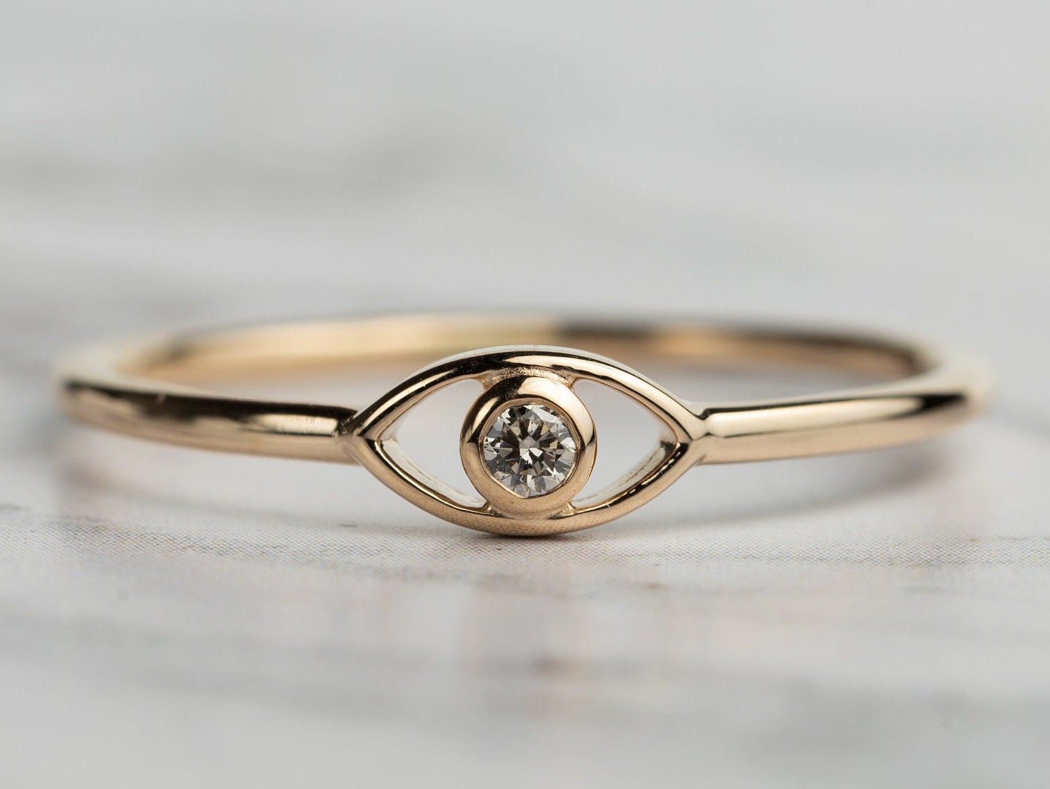 Solid Gold Evil Eye Diamond Ring | Good Luck Ring | Minimal Diamond Stacking Ring -