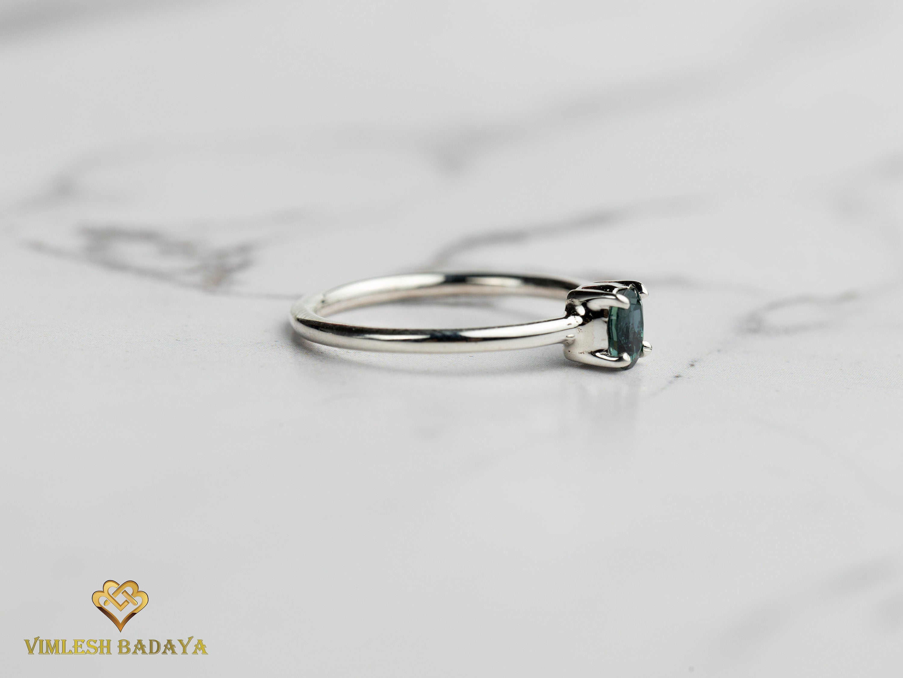 Teal Sapphire Ring | Peacock Sapphire Stacking Ring | Solid Gold Parti Sapphire Ring -
