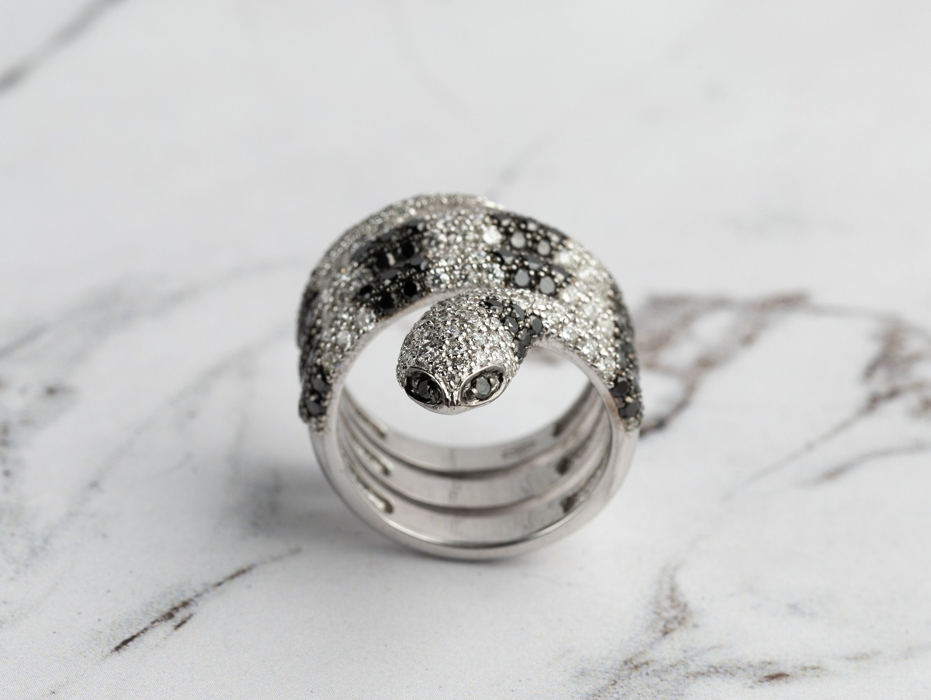 Diamond Pave Snake Ring | Solid Gold Unique Cocktail Ring | Black & White Diamonds -