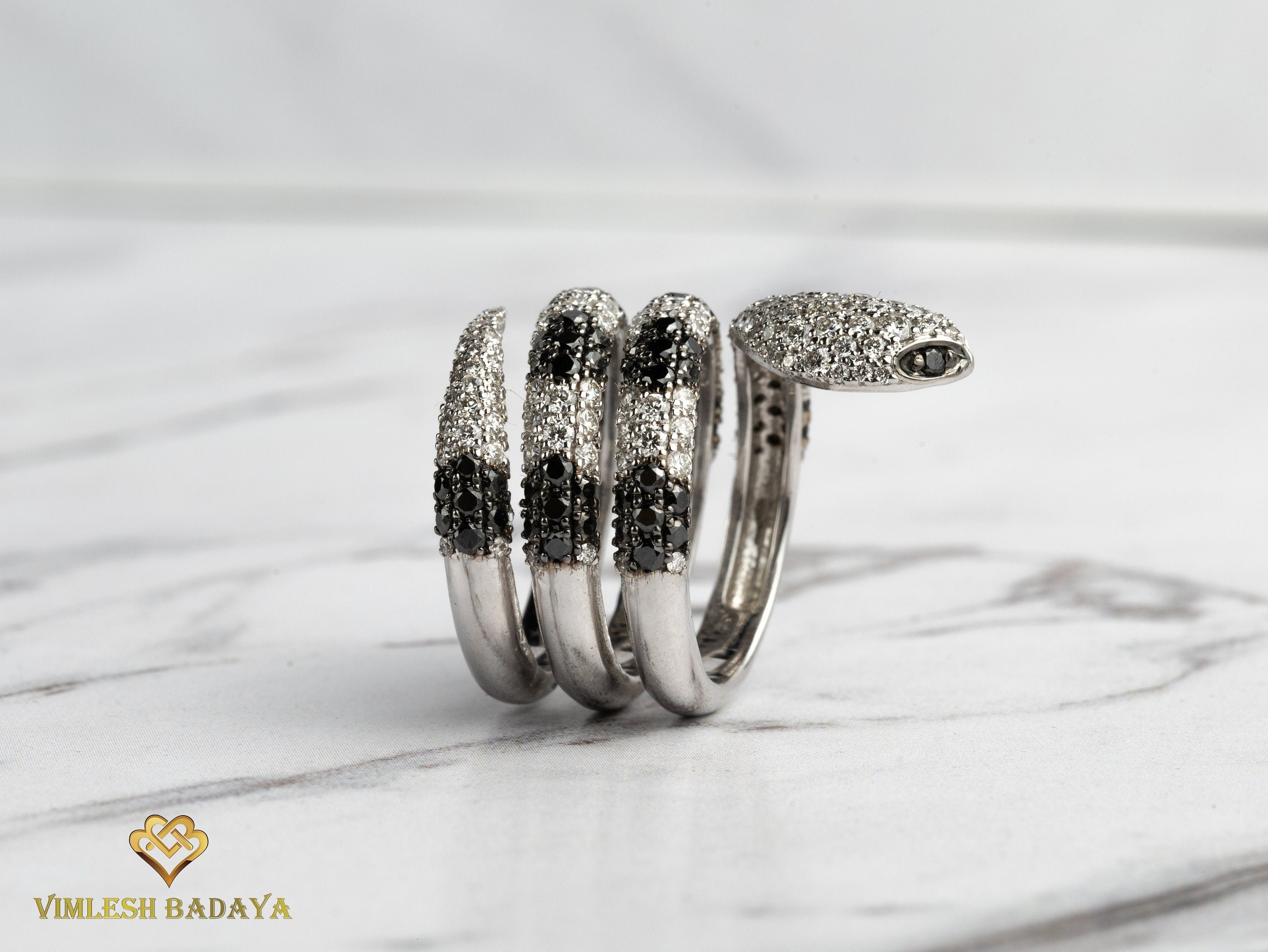 Diamond Pave Snake Ring | Solid Gold Unique Cocktail Ring | Black & White Diamonds -