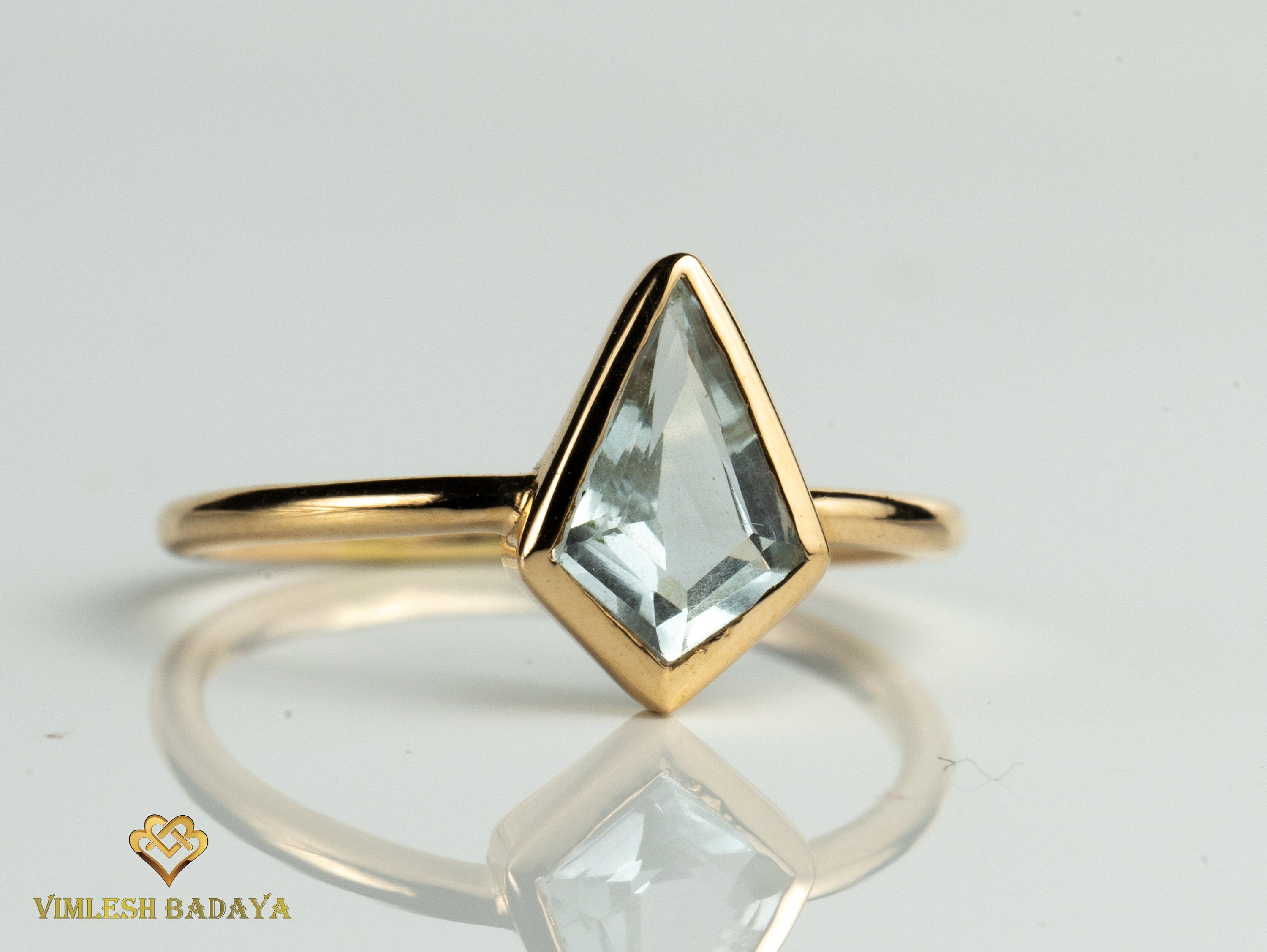 14k Yellow Gold Kite Aquamarine Engagement Ring | March Birthstone Kite Ring | Ready to Ship on Sale -