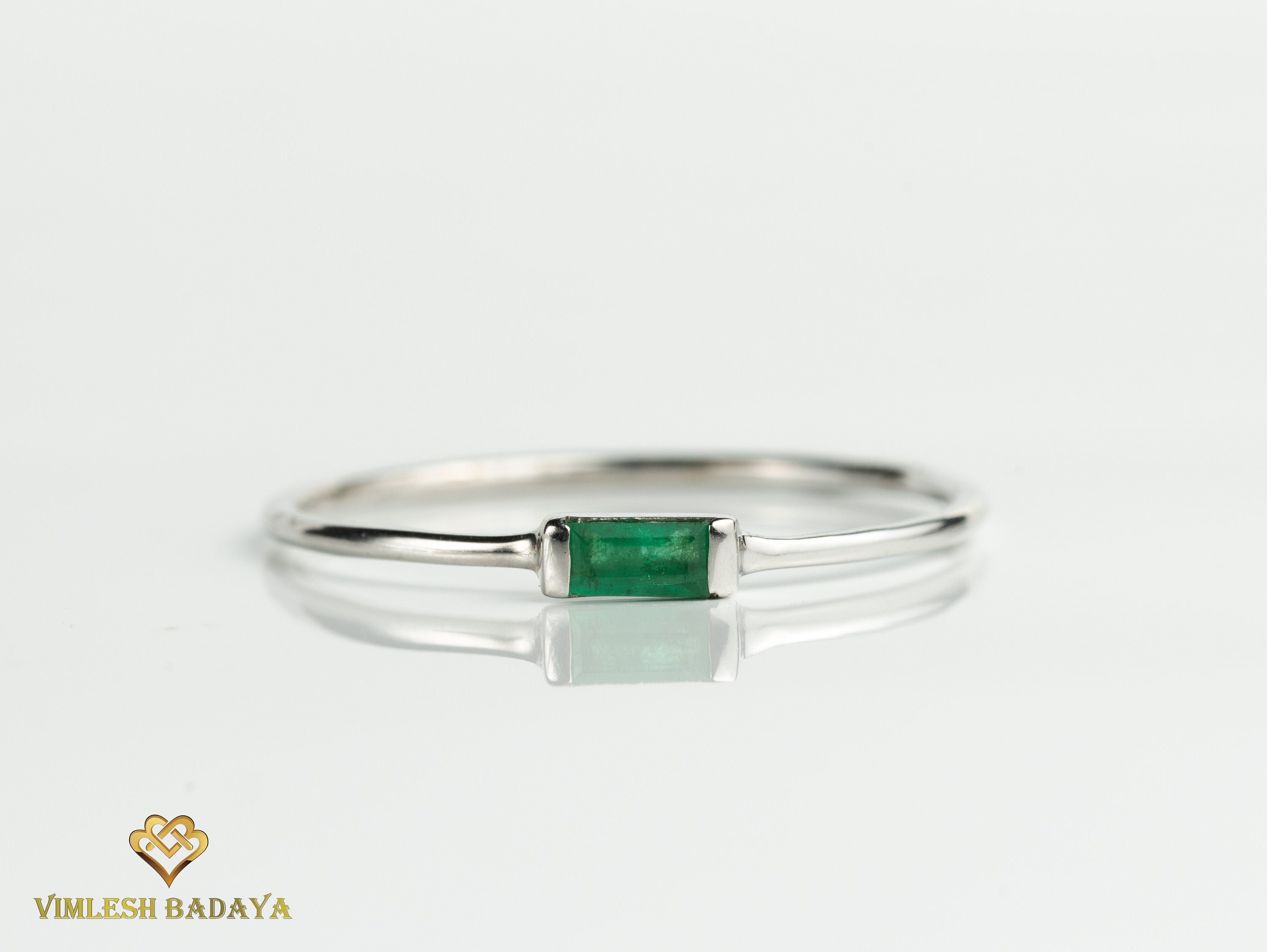 9k Emerald Baguette Stacking Ring | May Birthstone Dainty Ring | Ready to Ship Emerald Ring -
