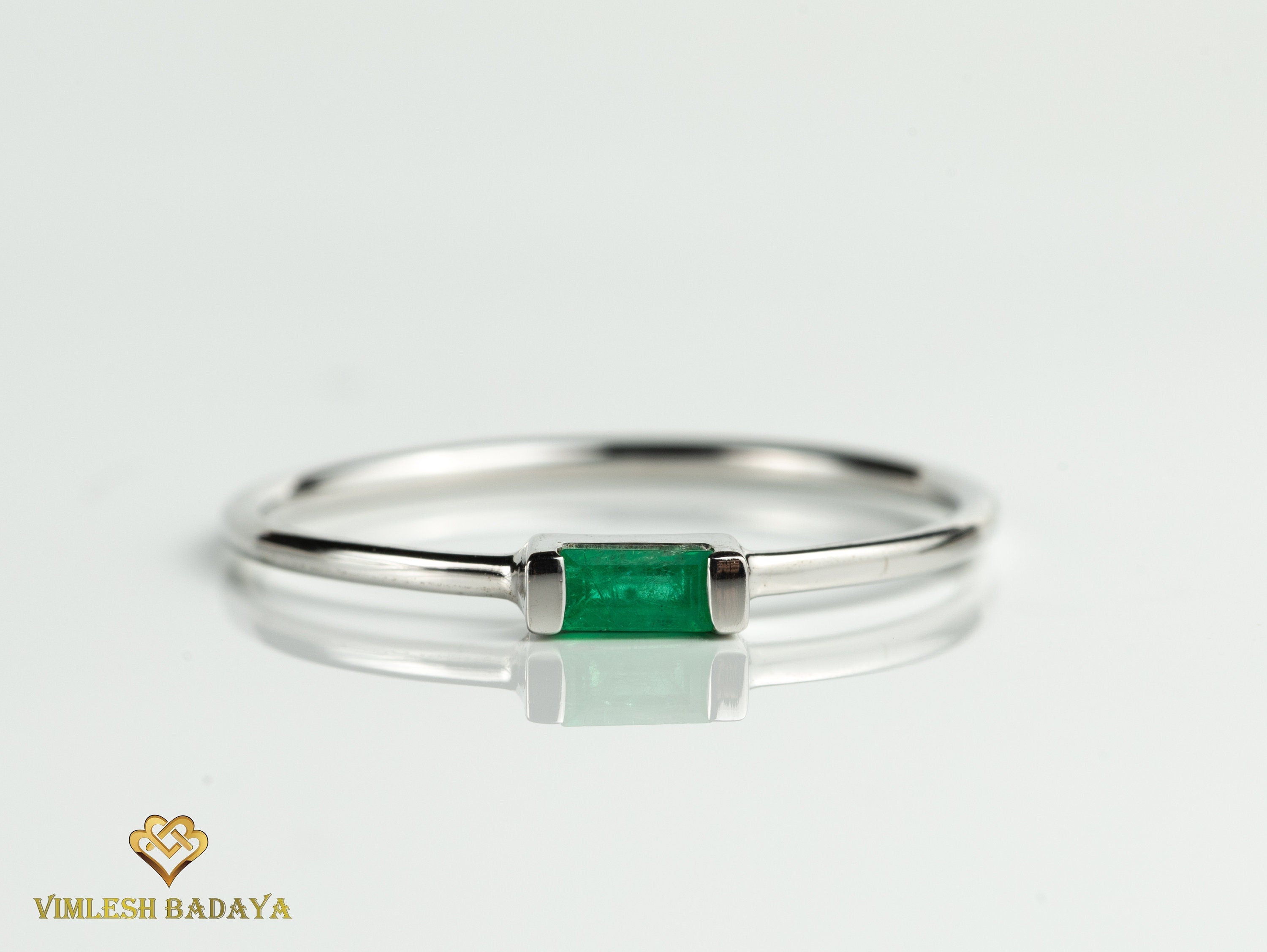 9k Emerald Baguette Stacking Ring | May Birthstone Dainty Ring | Ready to Ship Emerald Ring -