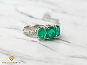 Three Stone Art Deco Certified Emerald Diamond Engagement Ring | Green Emerald Vintage Ring -