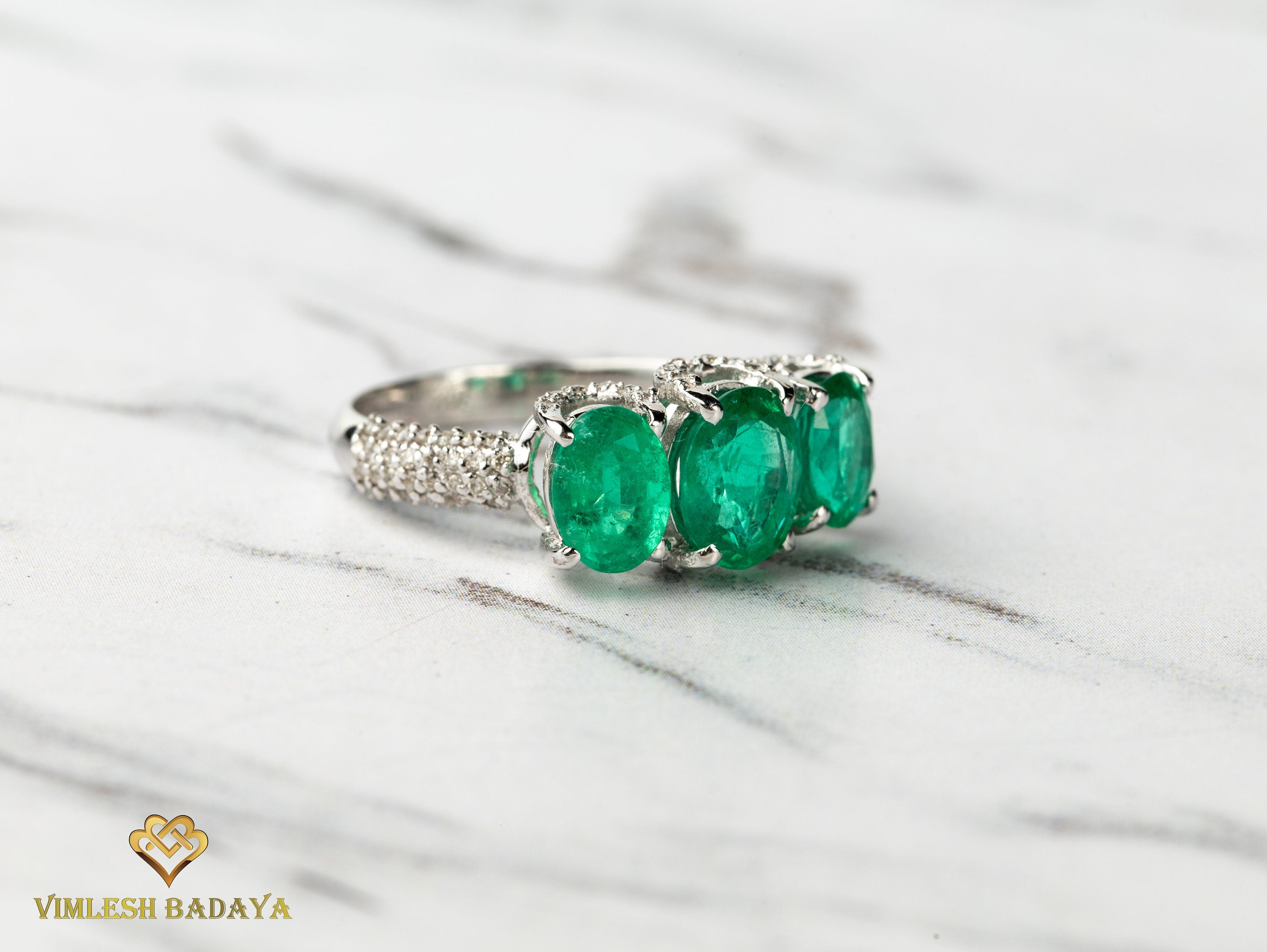 Three Stone Art Deco Certified Emerald Diamond Engagement Ring | Green Emerald Vintage Ring -