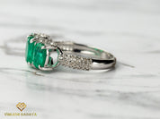 Three Stone Art Deco Certified Emerald Diamond Engagement Ring | Green Emerald Vintage Ring -