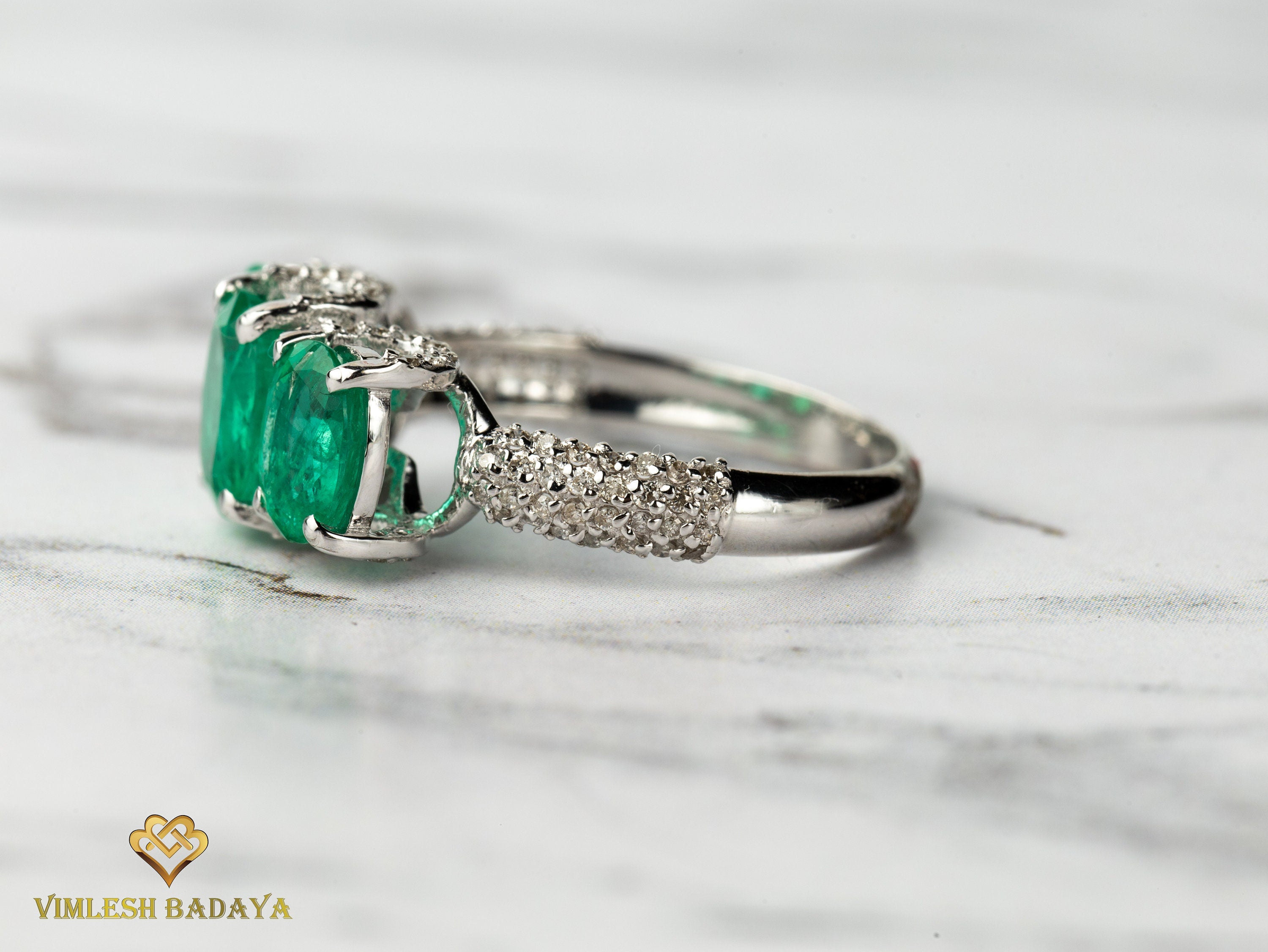 Three Stone Art Deco Certified Emerald Diamond Engagement Ring | Green Emerald Vintage Ring -