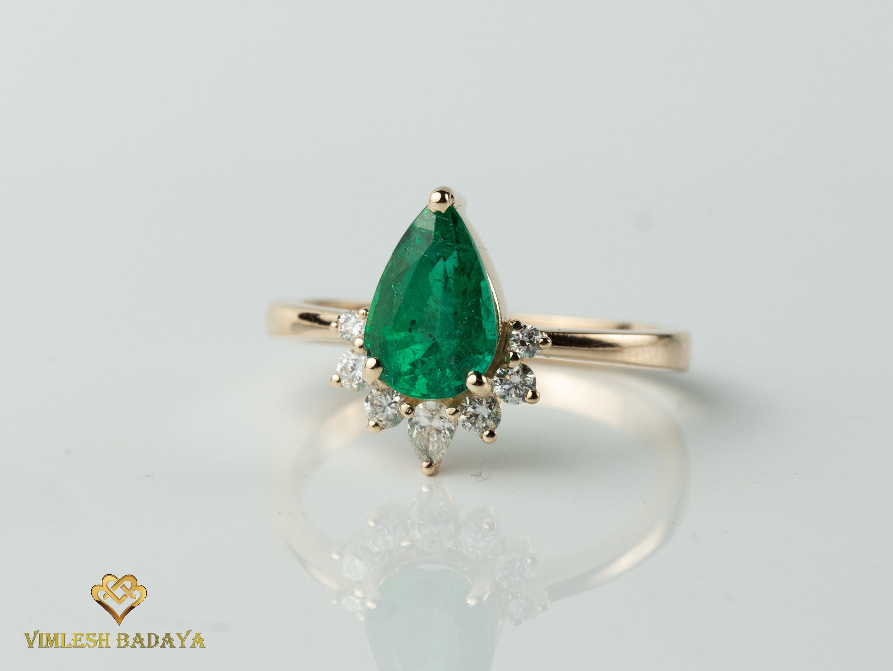 Natural Emerald Diamond Engagement Ring | Certified 1.5 Carat Pear Cut Emerald Ring -