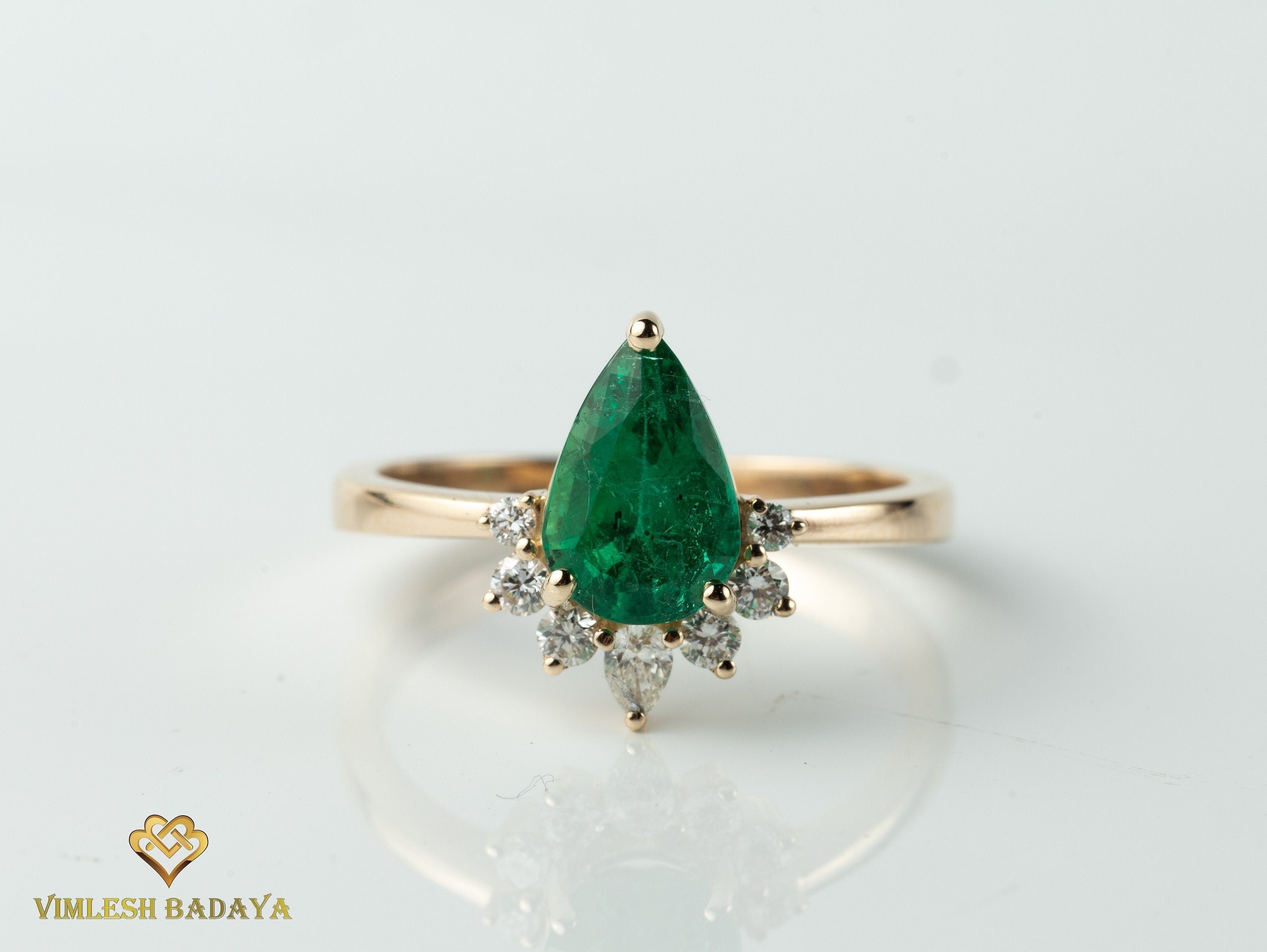 Natural Emerald Diamond Engagement Ring | Certified 1.5 Carat Pear Cut Emerald Ring -