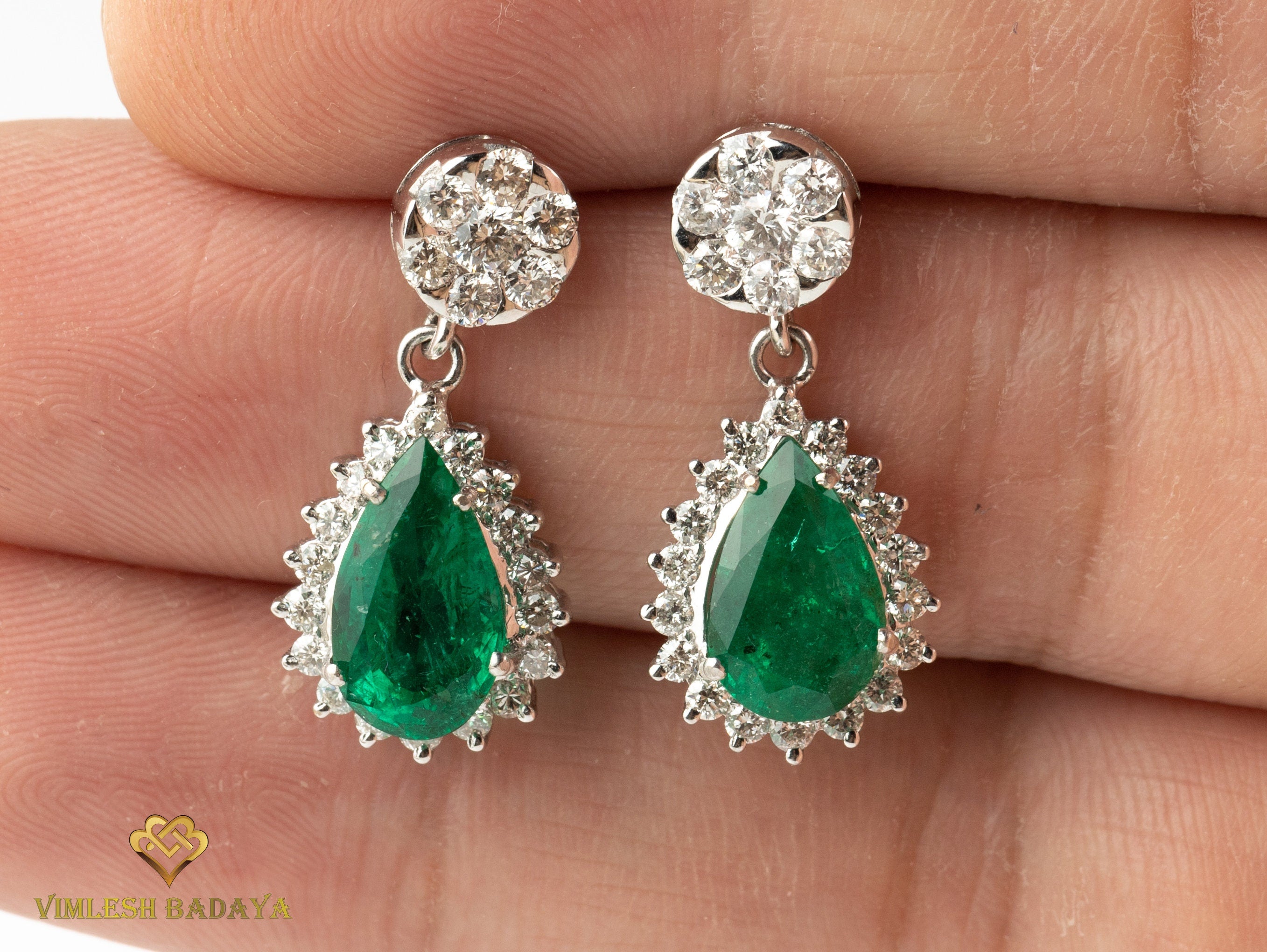 4 Carat Emerald & Diamond Drop Earrings | Pear Teardrop Emerald Earrings | May Birthstone Earrings -