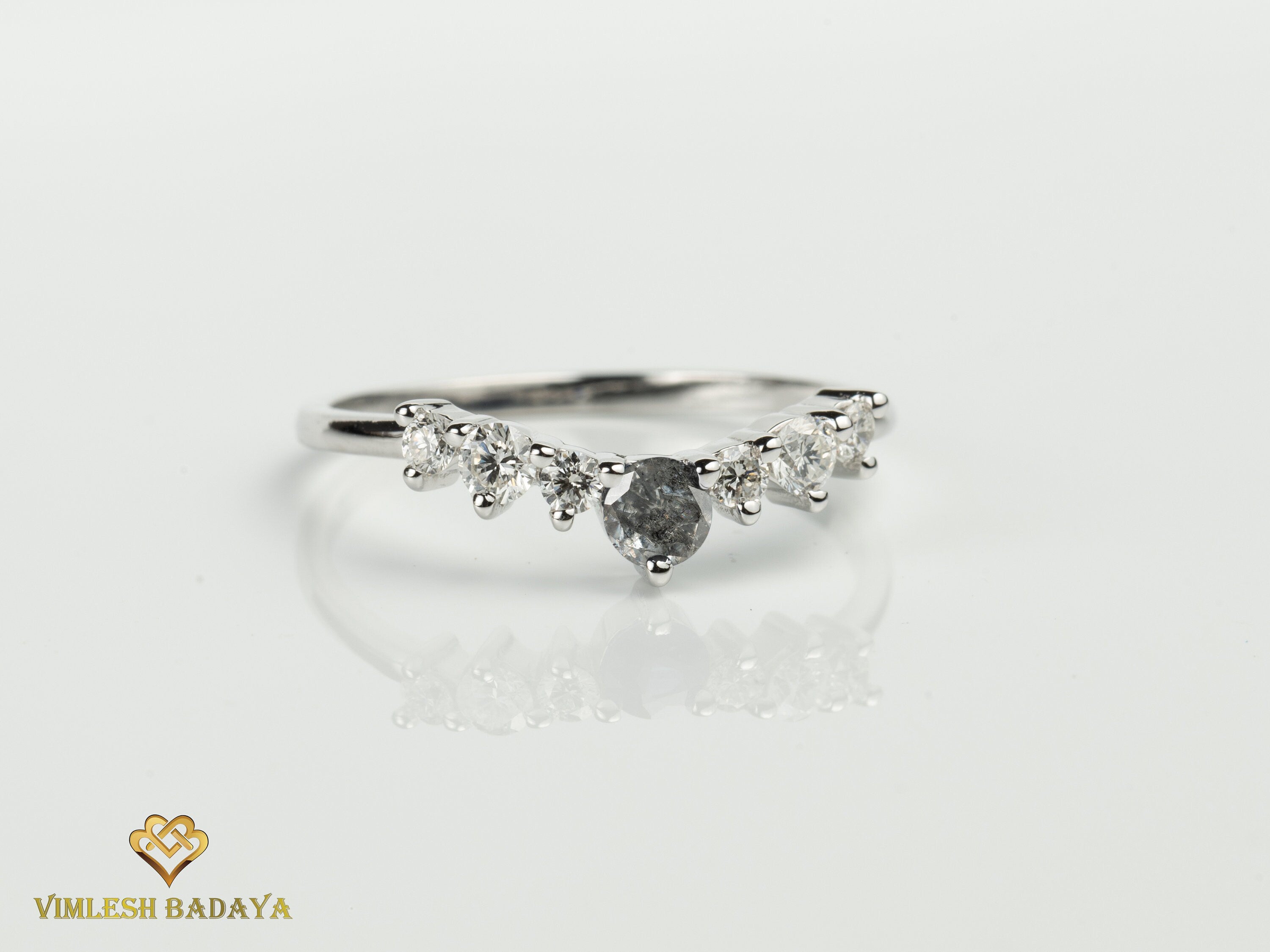Curved Gray Diamond Wedding Band | Salt & Pepper Diamond | Stackable Wedding Ring -