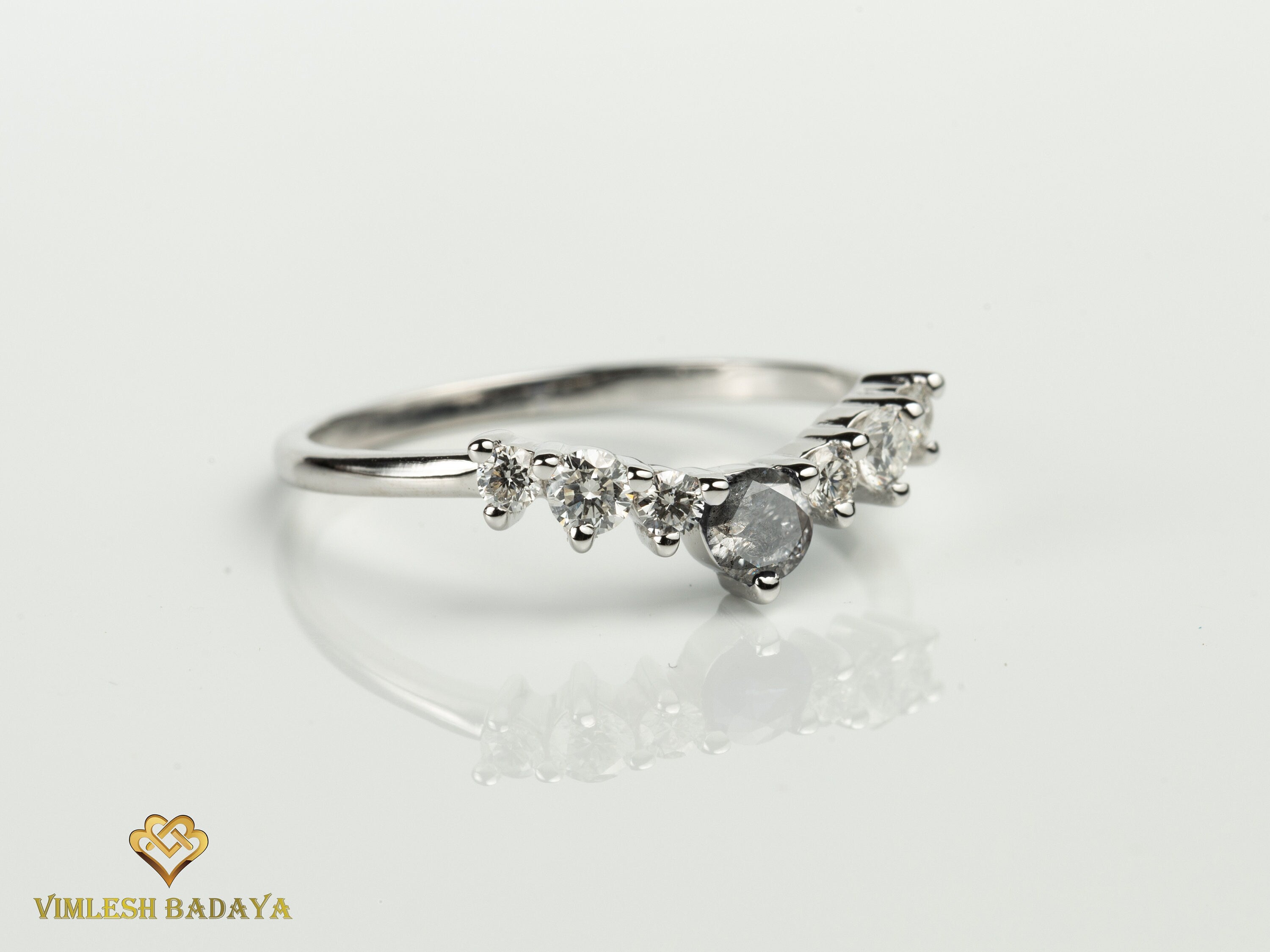 Curved Gray Diamond Wedding Band | Salt & Pepper Diamond | Stackable Wedding Ring -