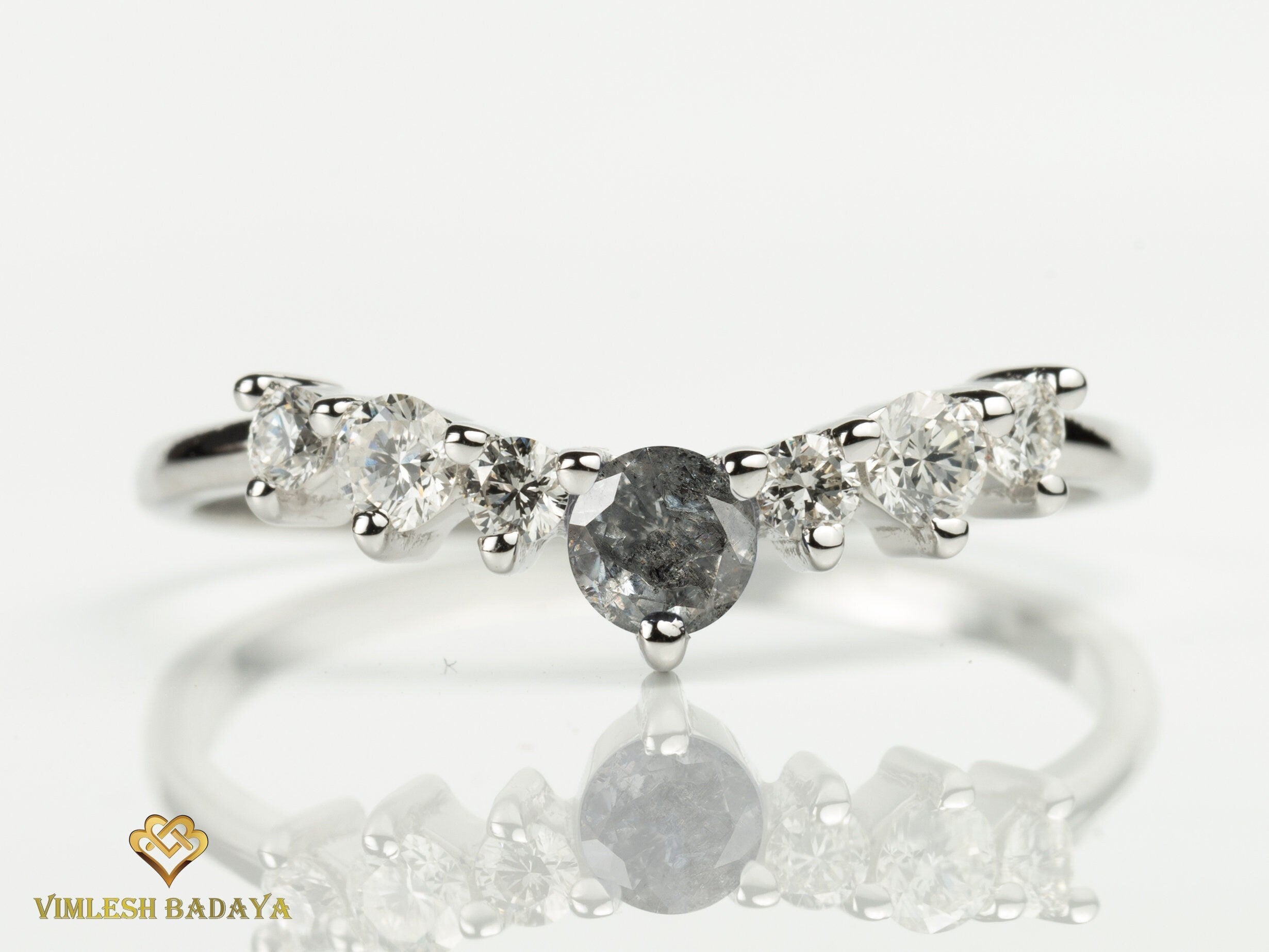 Curved Gray Diamond Wedding Band | Salt & Pepper Diamond | Stackable Wedding Ring -