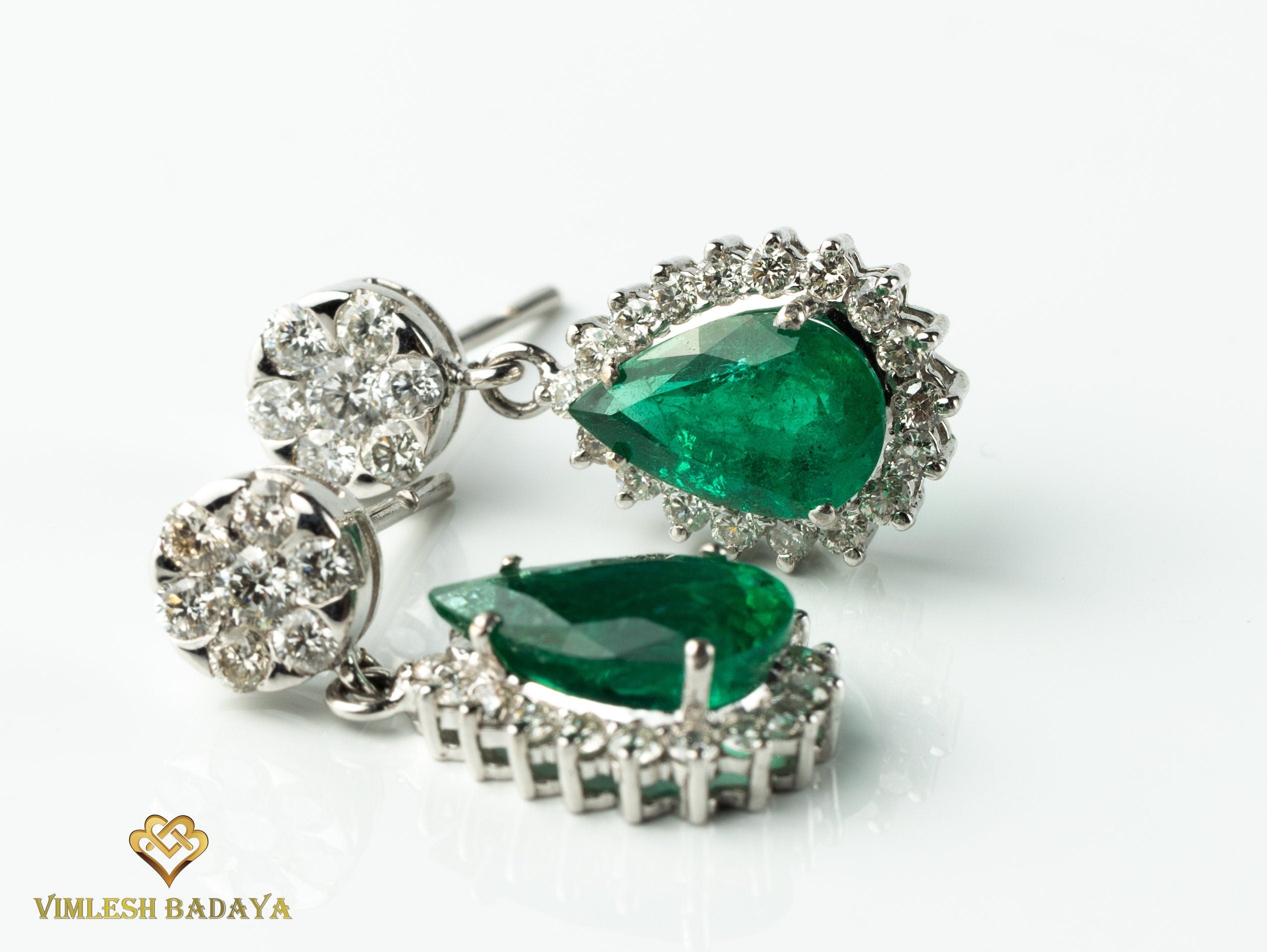 4 Carat Emerald & Diamond Drop Earrings | Pear Teardrop Emerald Earrings | May Birthstone Earrings -