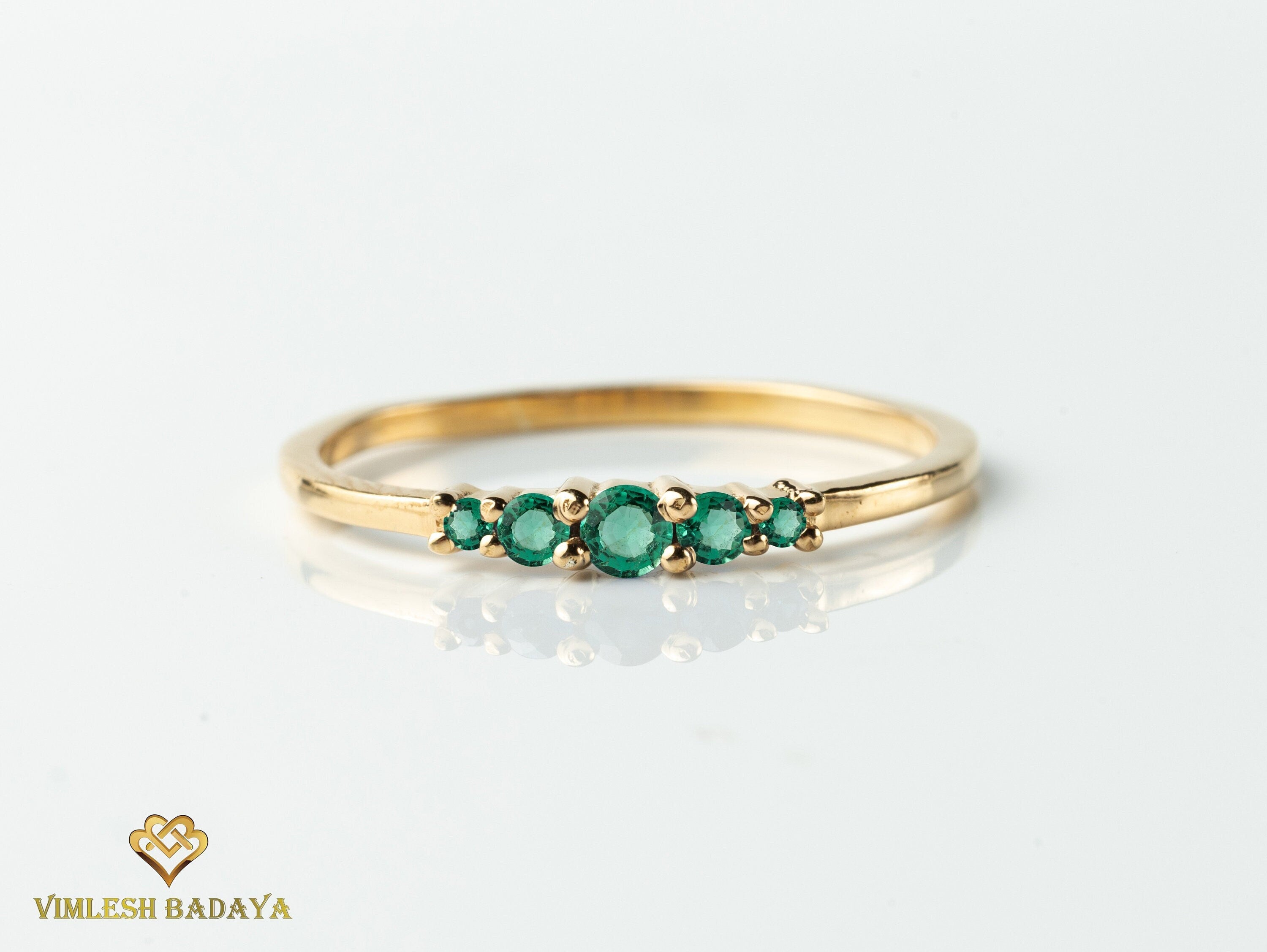 Emerald Stacking Ring | Dainty 5-Stone Emerald Ring | May Birthstone Gold Ring -