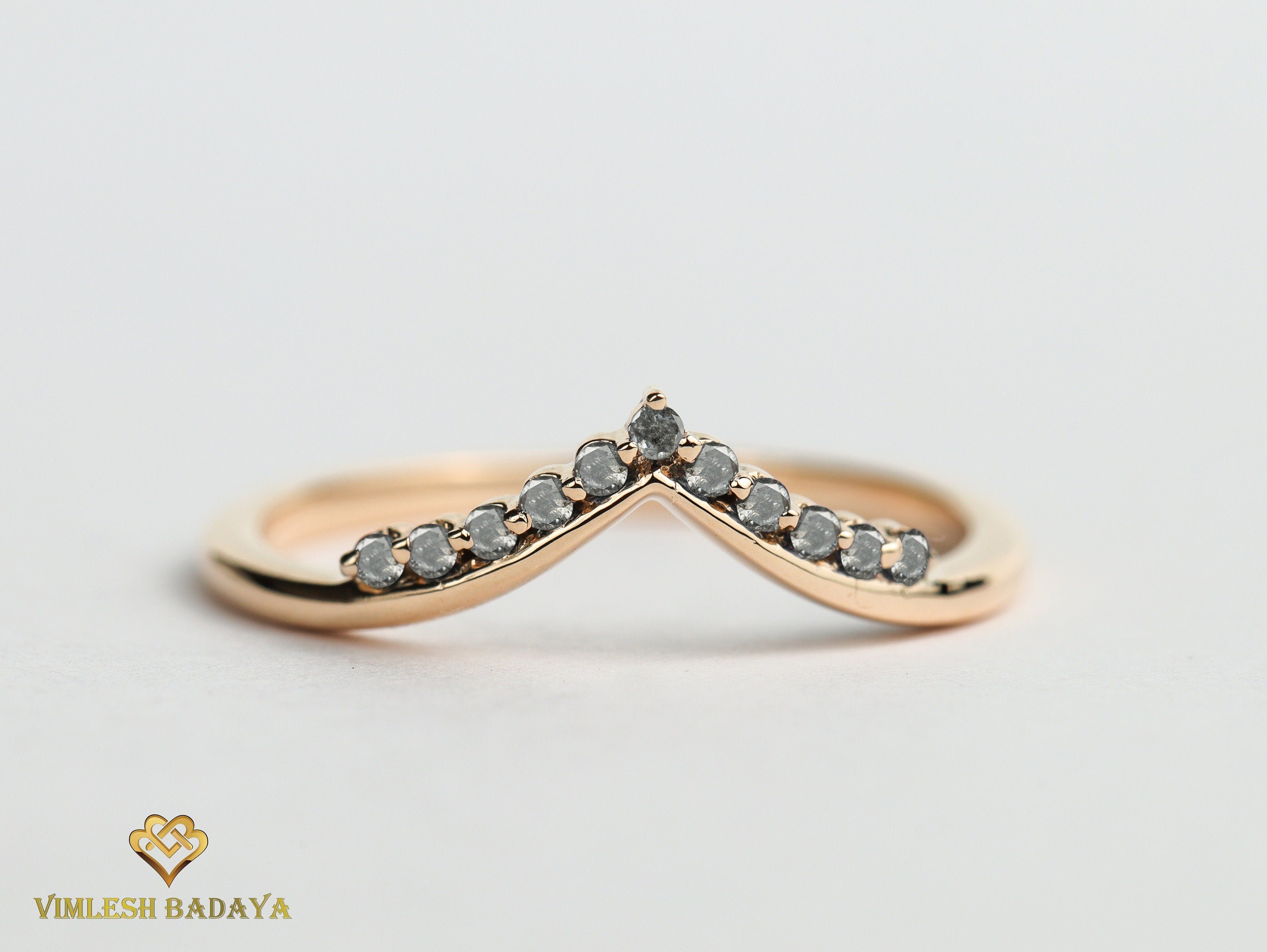 Chevron Diamond Ring | Nesting Band | Salt & Pepper Wedding Ring -