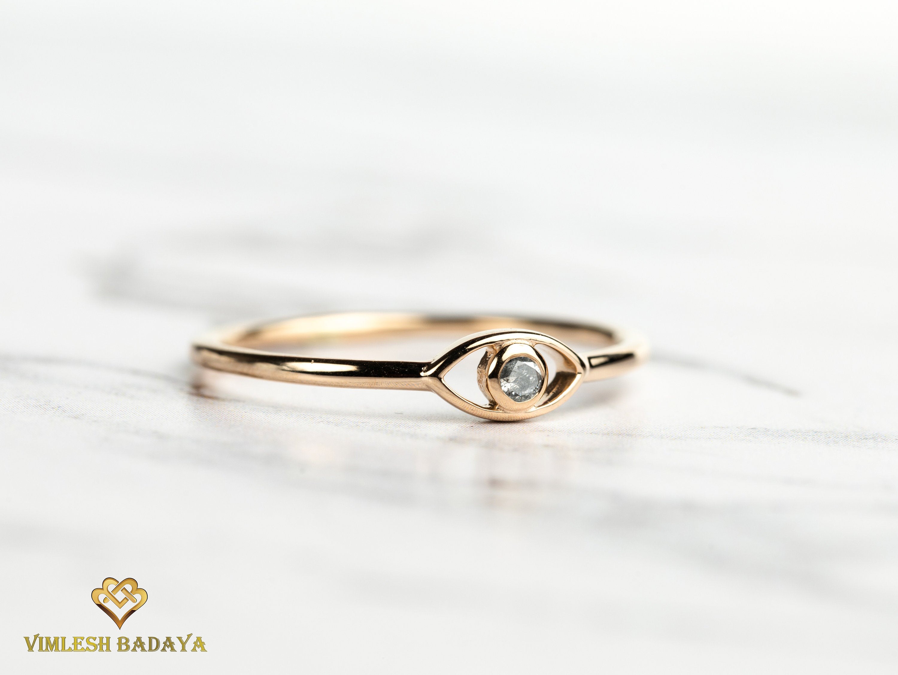 Solid Gold Gray Diamond Evil Eye Ring | Salt Pepper Diamond | Gold Evil Eye Good Luck Ring -