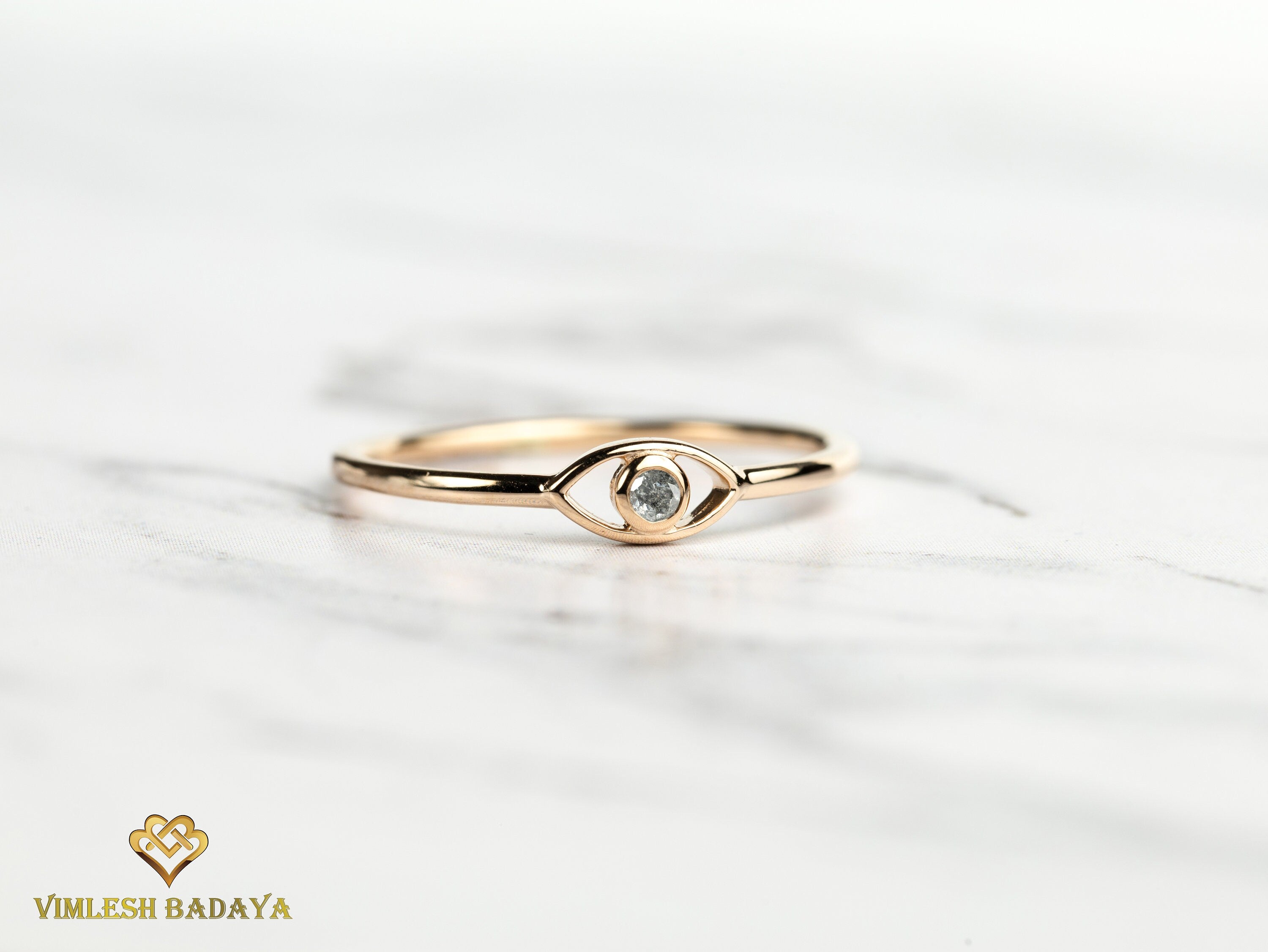 Solid Gold Gray Diamond Evil Eye Ring | Salt Pepper Diamond | Gold Evil Eye Good Luck Ring -