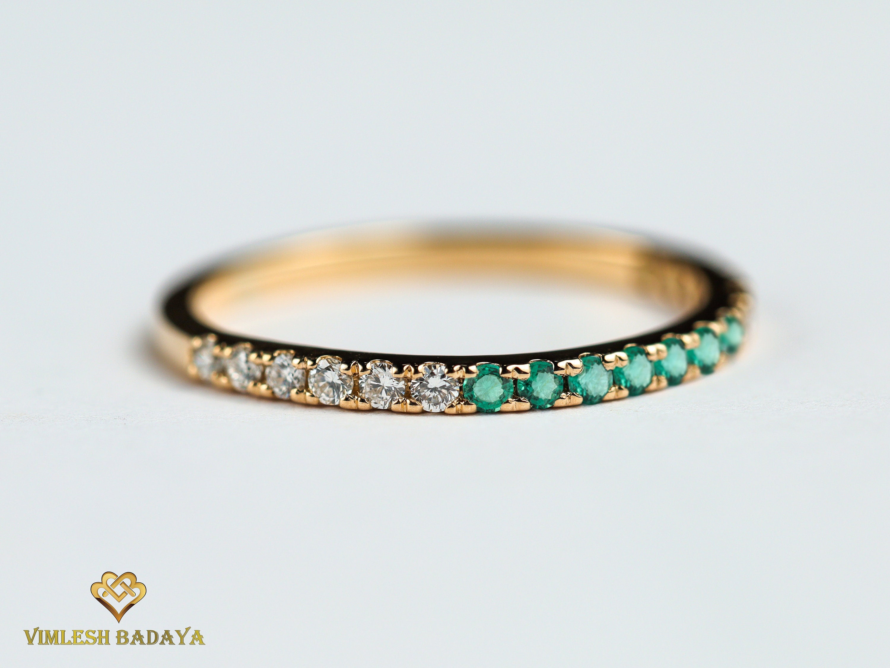 Emerald Diamond Wedding Ring | Minimalist Emerald and Diamond Wedding Band -
