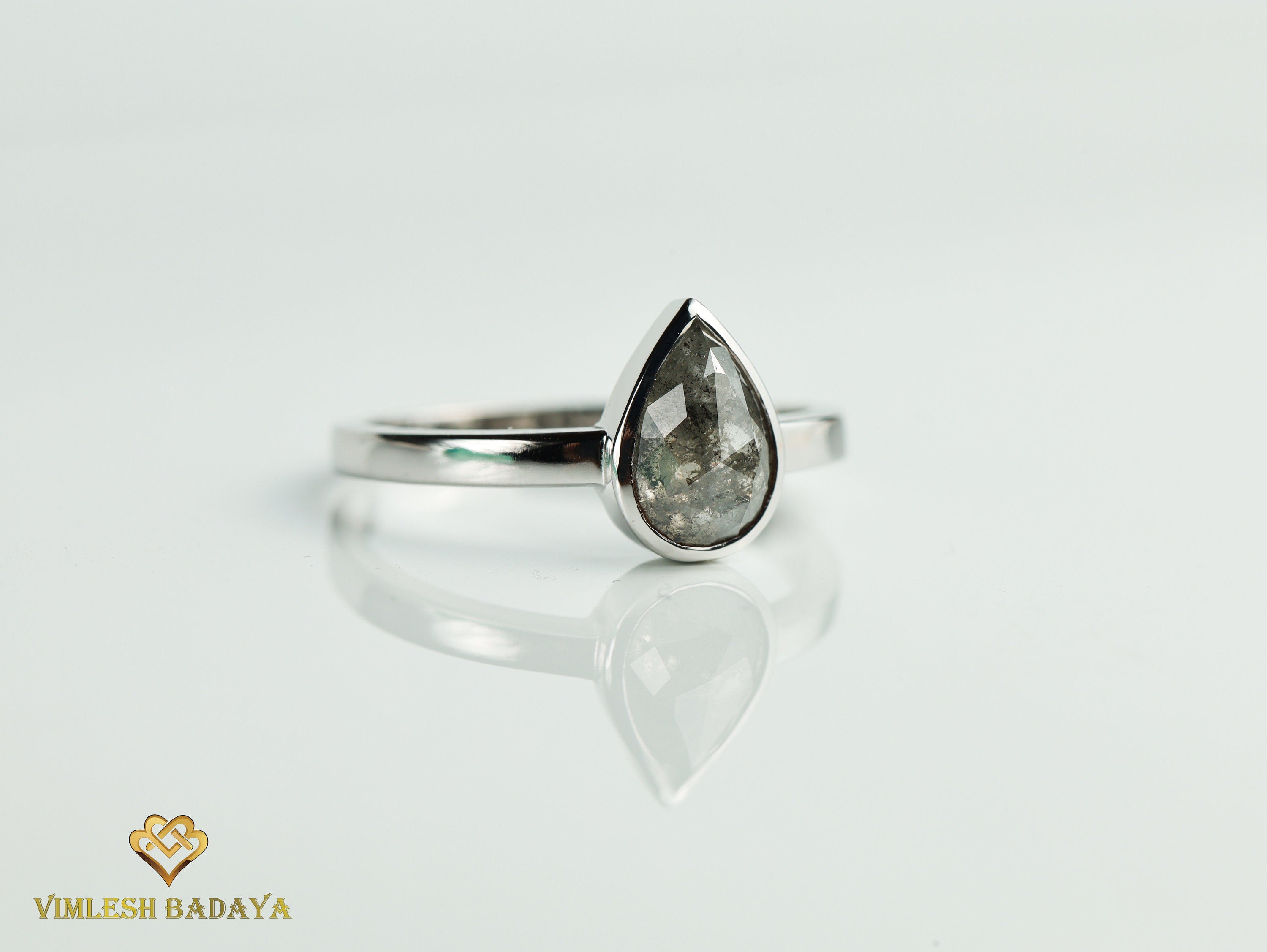 Gray Diamond Ring | Salt & Pepper Pear Cut Diamond Solitaire Engagement Ring | Bezel Setting -
