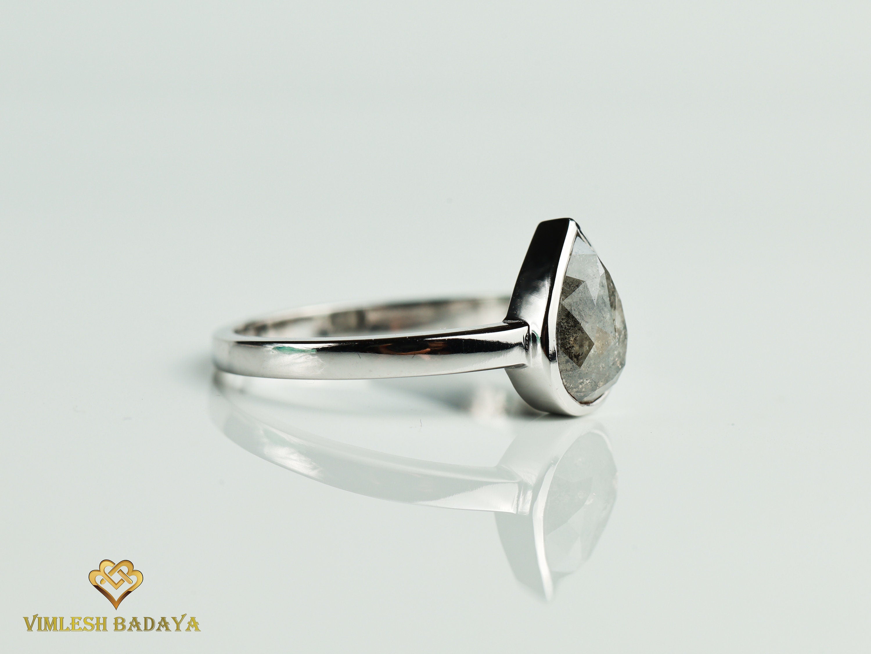 Gray Diamond Ring | Salt & Pepper Pear Cut Diamond Solitaire Engagement Ring | Bezel Setting -