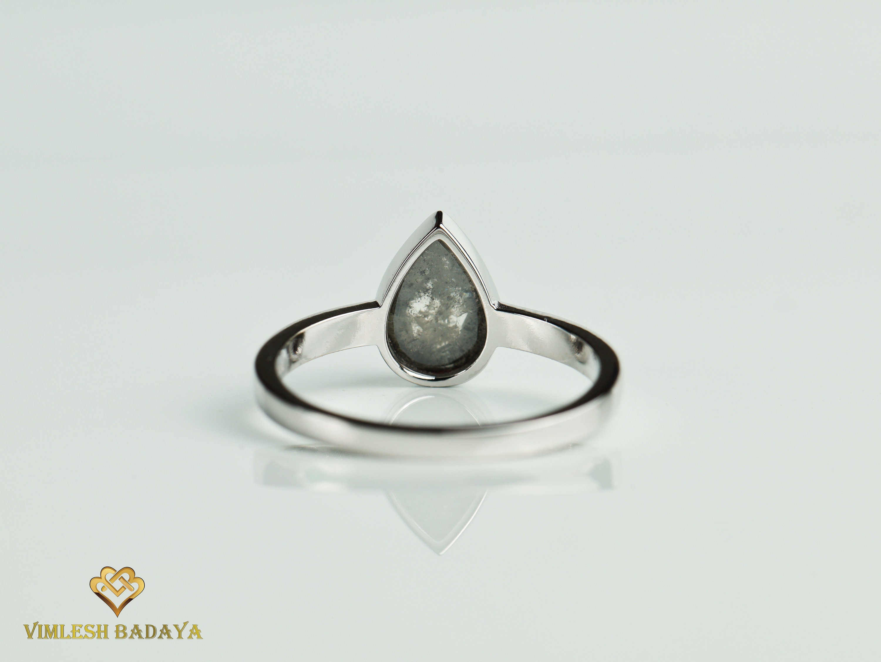 Gray Diamond Ring | Salt & Pepper Pear Cut Diamond Solitaire Engagement Ring | Bezel Setting -