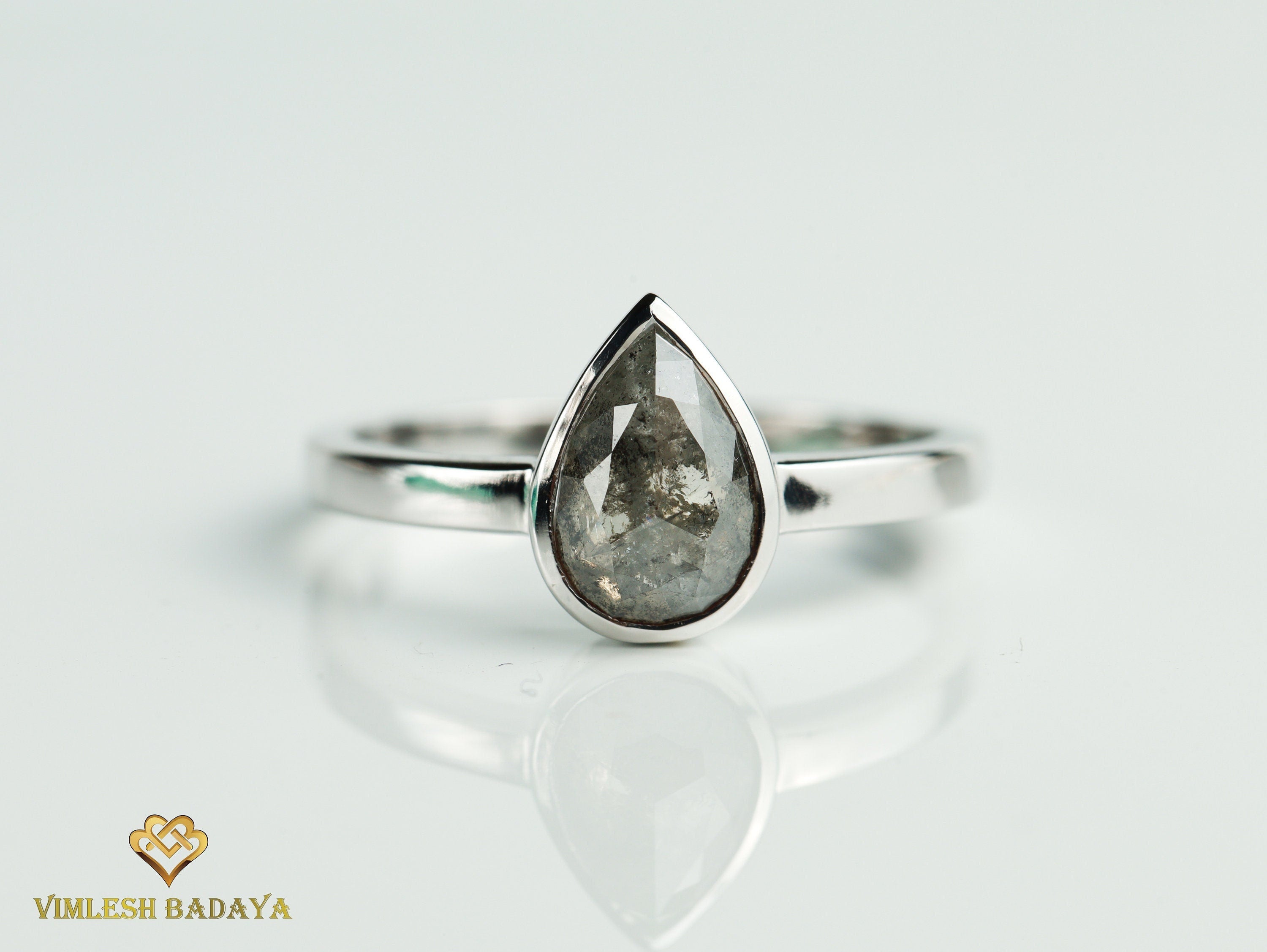 Gray Diamond Ring | Salt & Pepper Pear Cut Diamond Solitaire Engagement Ring | Bezel Setting -