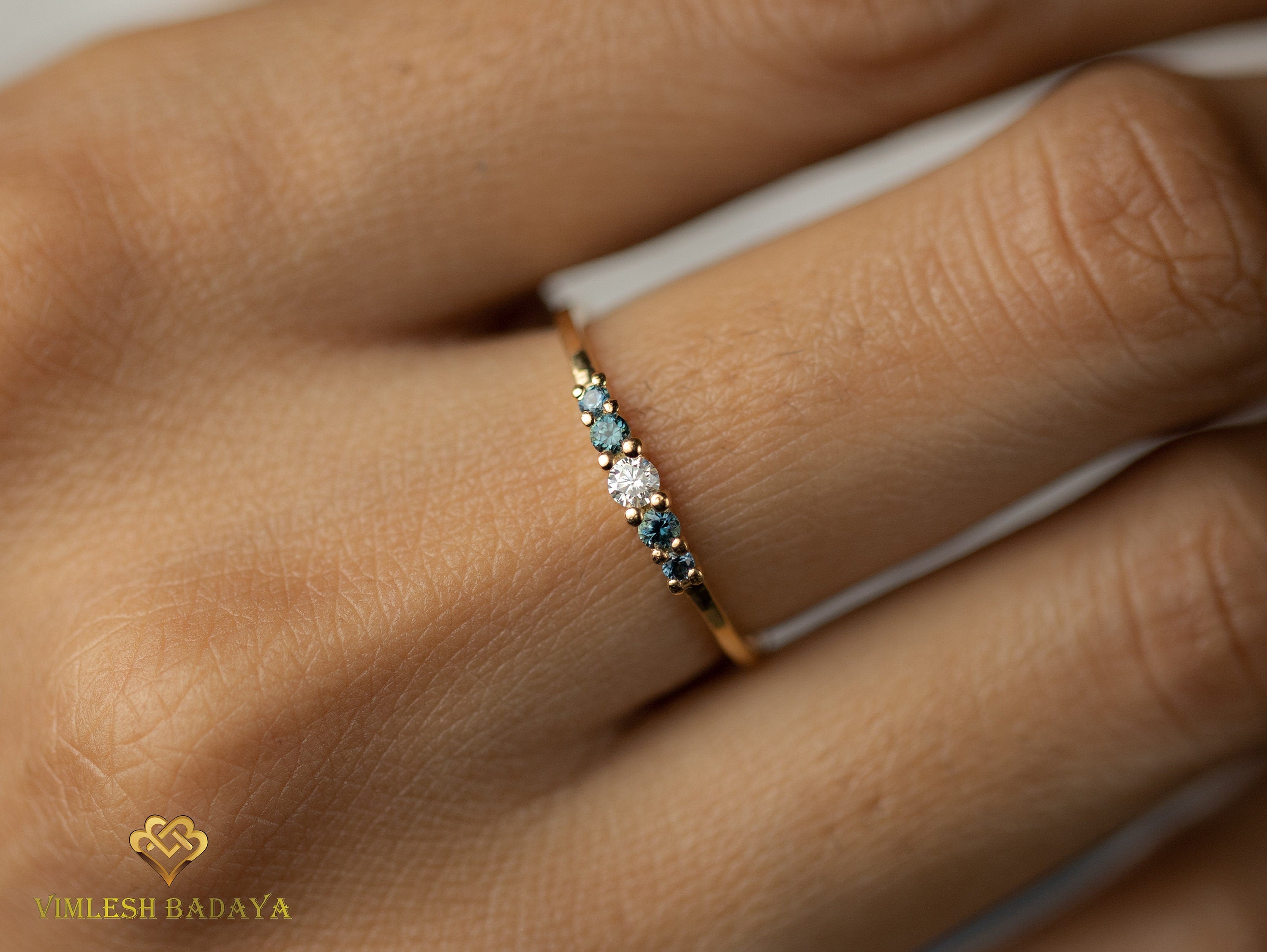 Teal Sapphire Diamond Stacking Ring | Dainty Australian Sapphire | Stackable Ring -